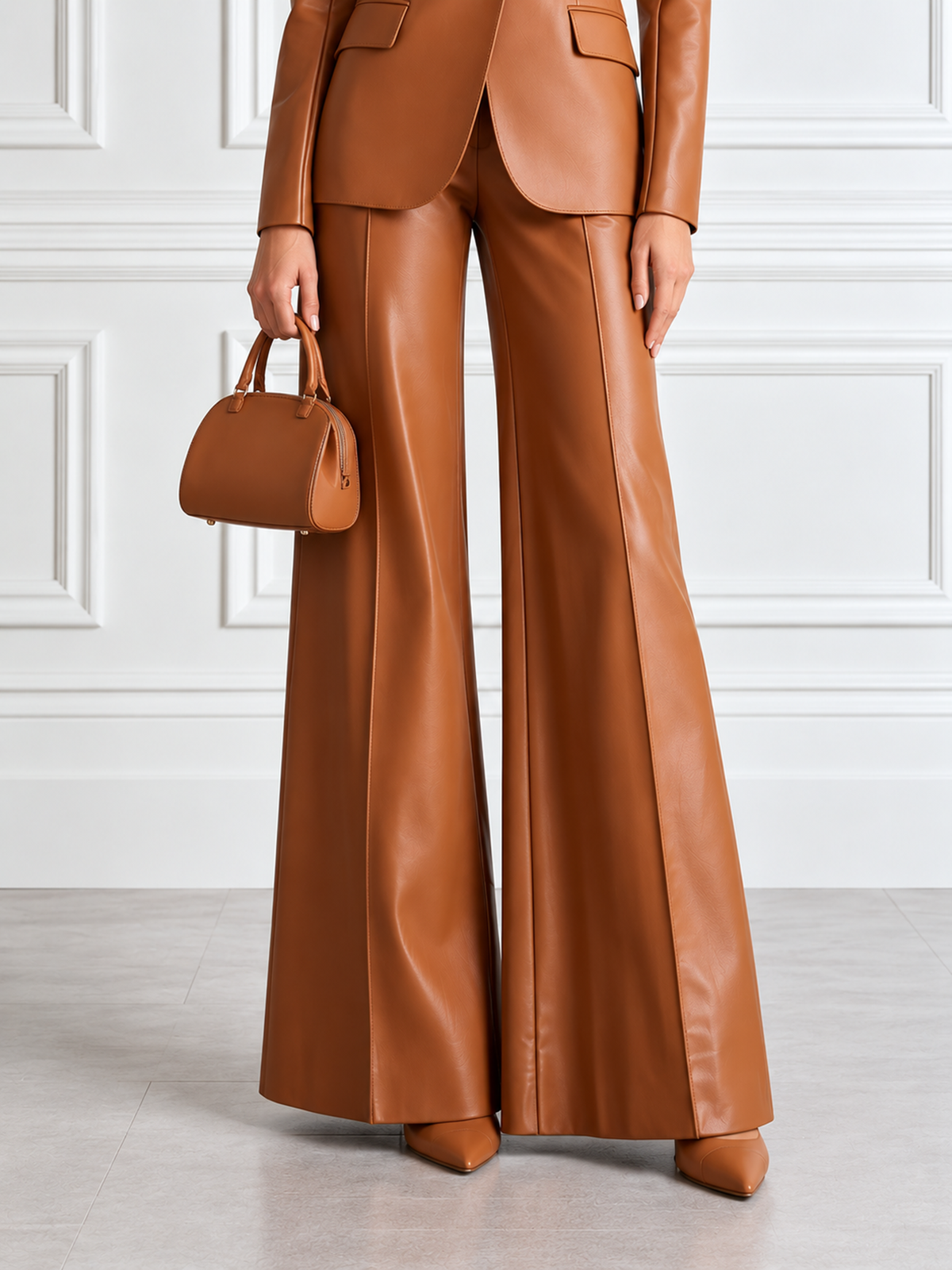 Camel Notch Lapel Blazer & Wide Leg Trousers 2-Piece Suit