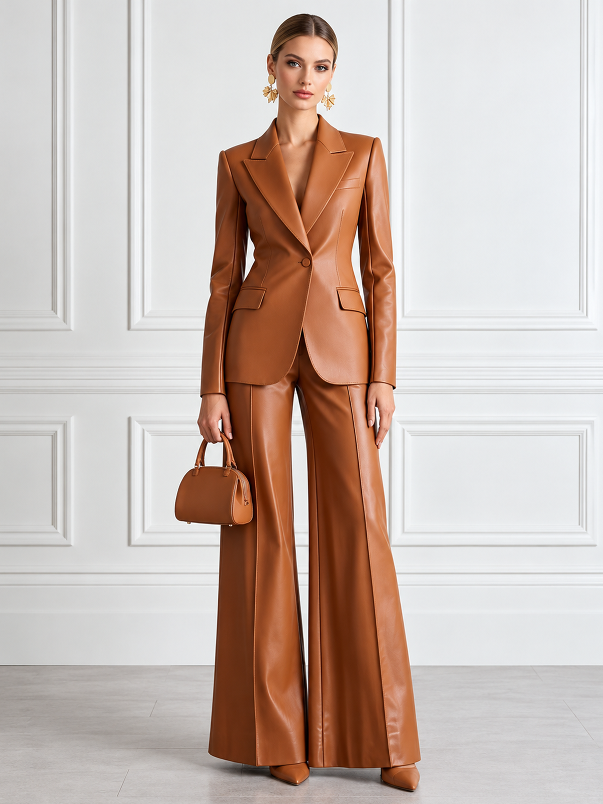 Camel Notch Lapel Blazer & Wide Leg Trousers 2-Piece Suit