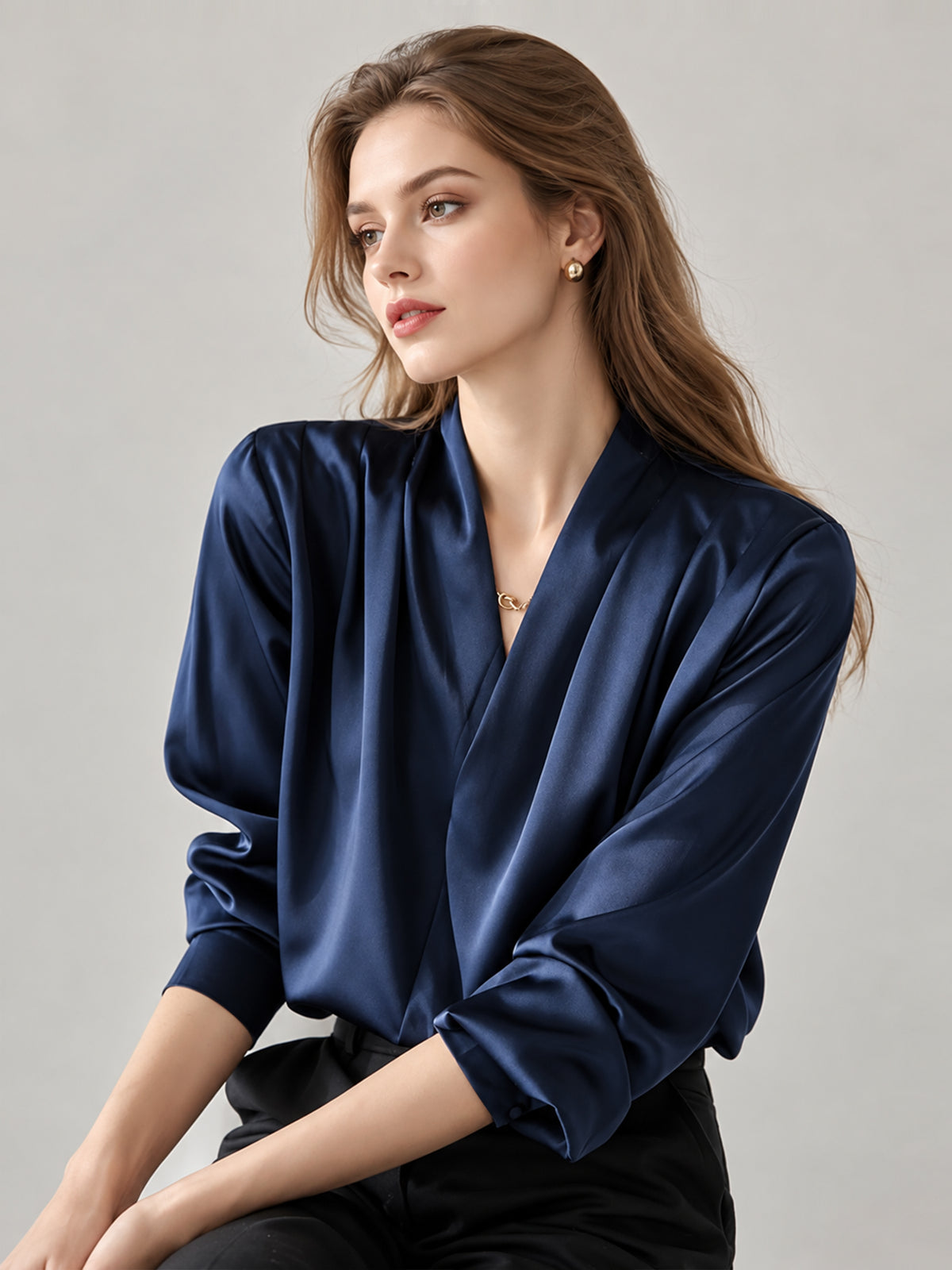 Dark Blue V-Neck Long Sleeve Satin Shirt