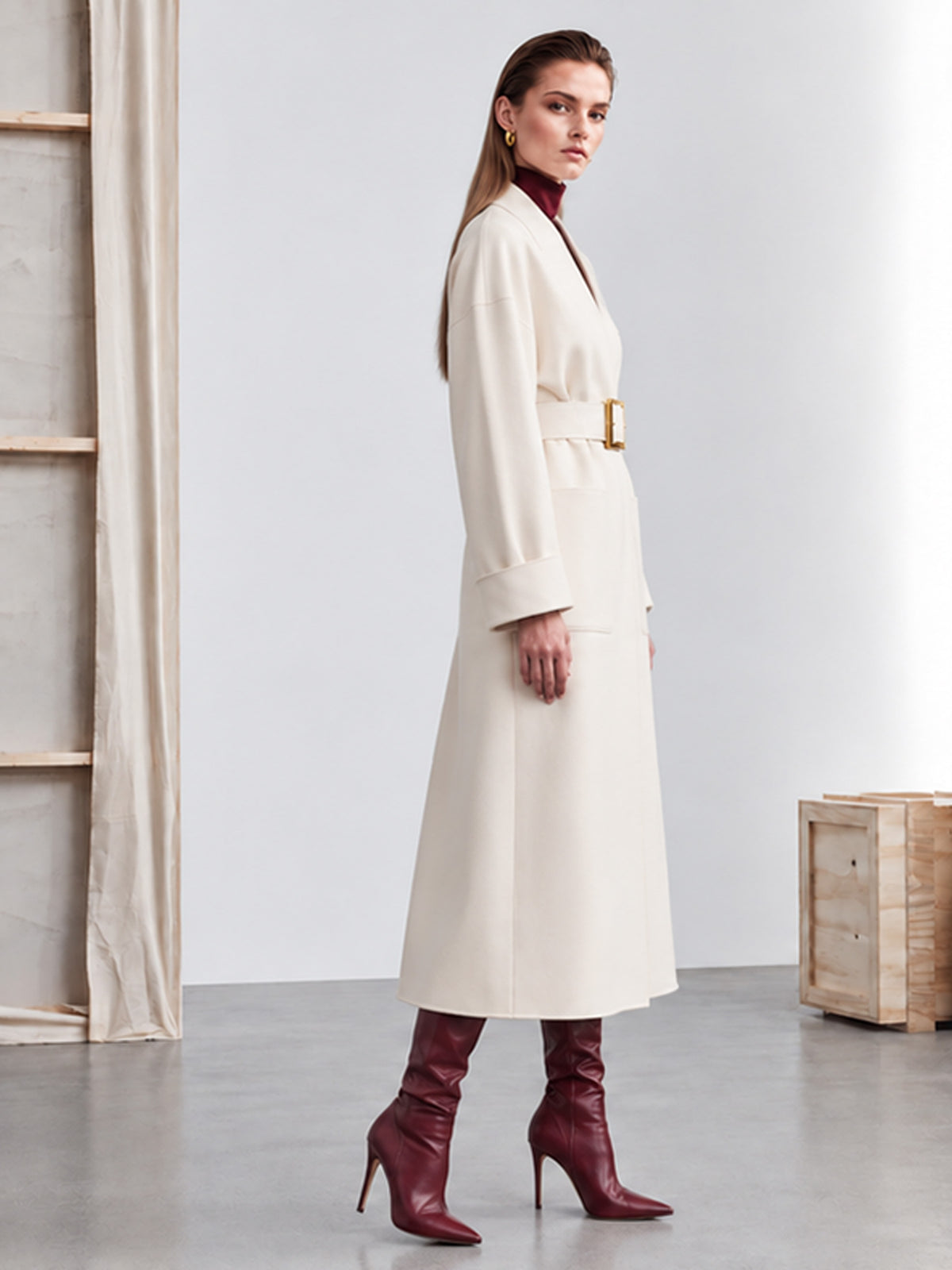 Off White Belted Wool Blend Long Coat