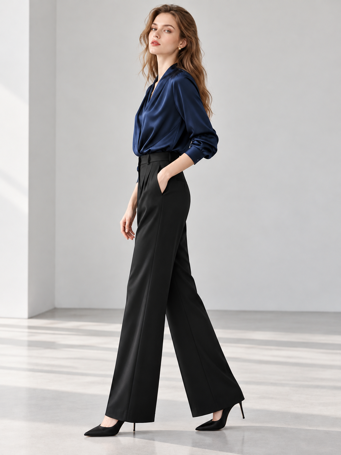 Dark Blue V-Neck Long Sleeve Satin Shirt