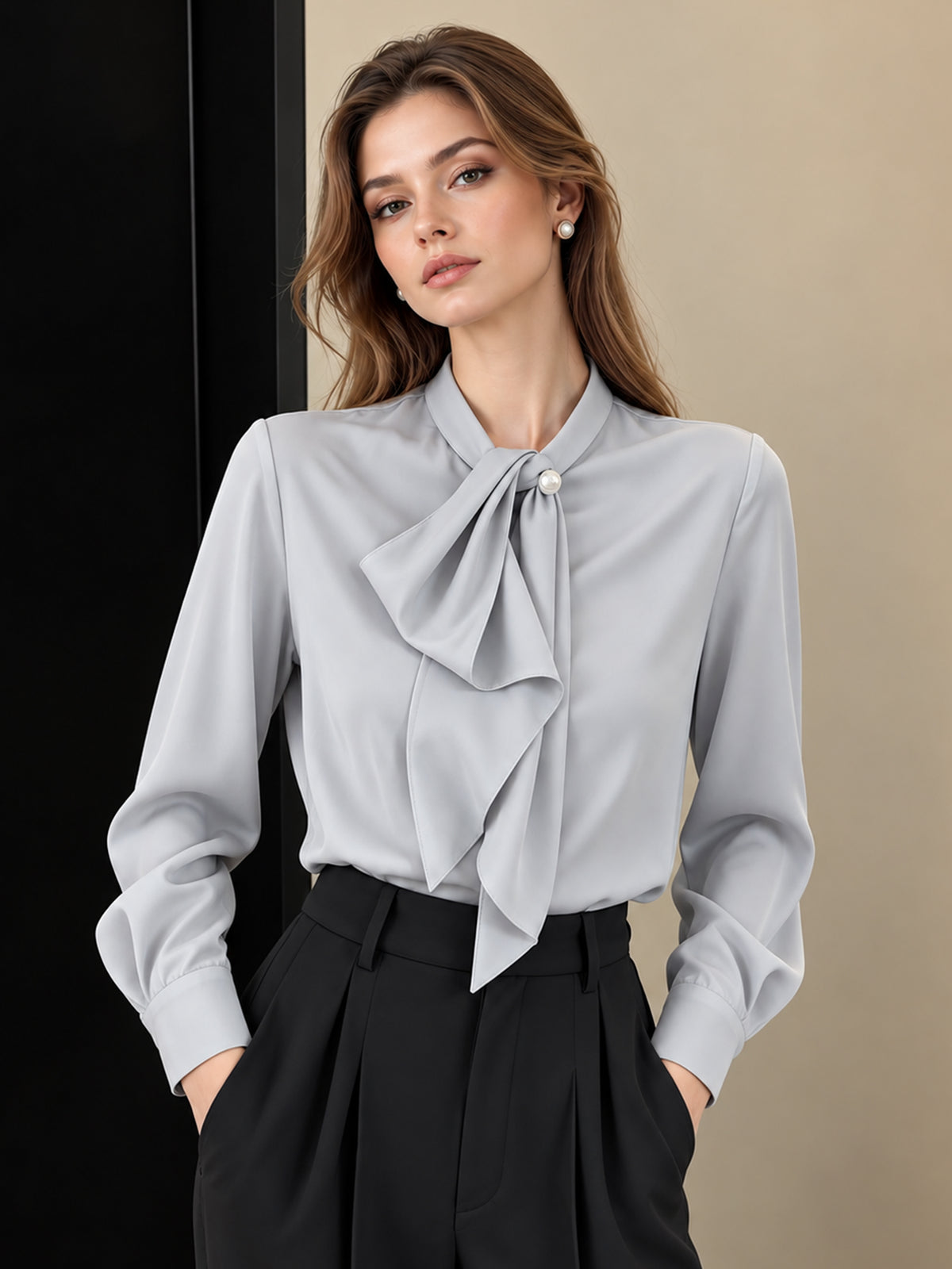 Blue Ribbon Detail Satin Shirt