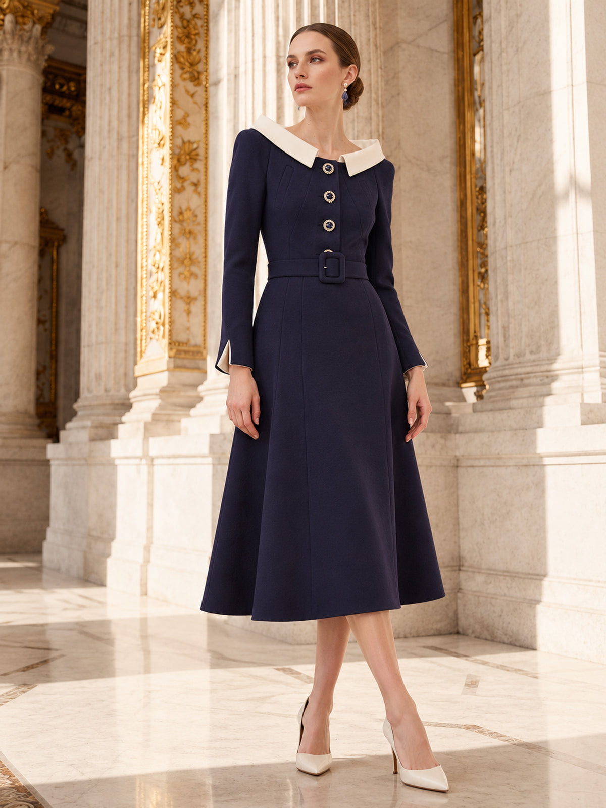 Navy Contrast Collar Belted Midi Dress