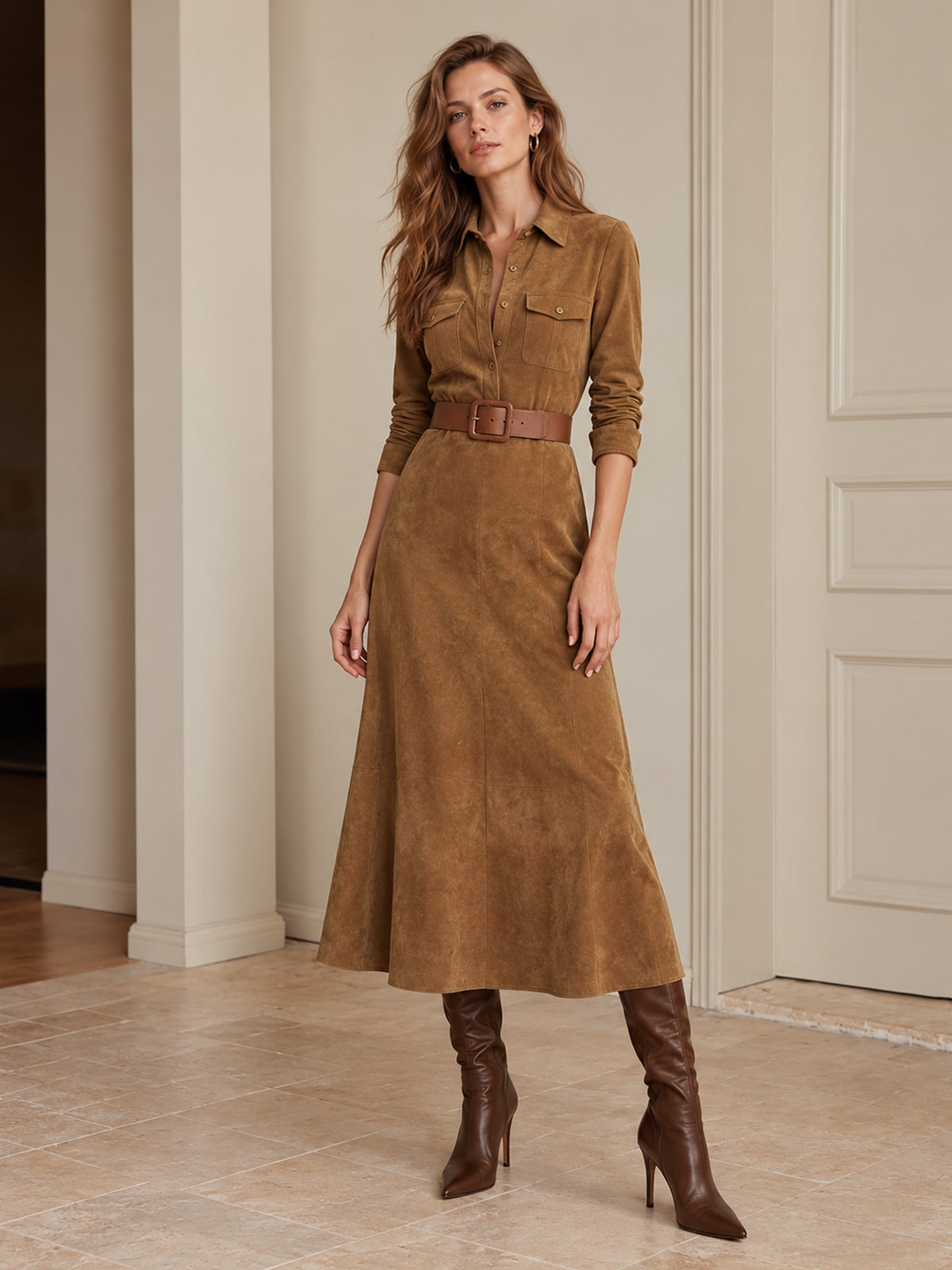 Tan Faux Suede Collared Shirt Midi Dress with Matching Waist Belt