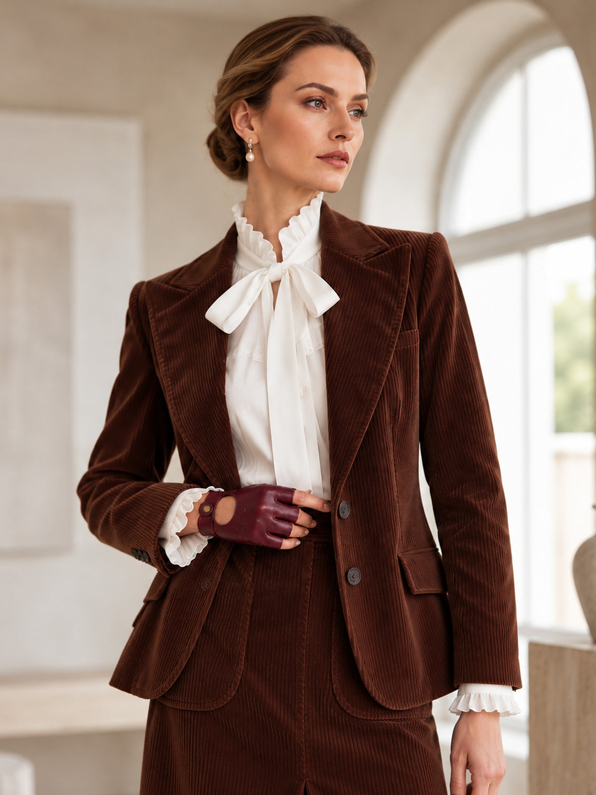 Brown Corduroy Notch Lapel Long Blazer & Front Slit Midi Skirt 2-Piece Suit