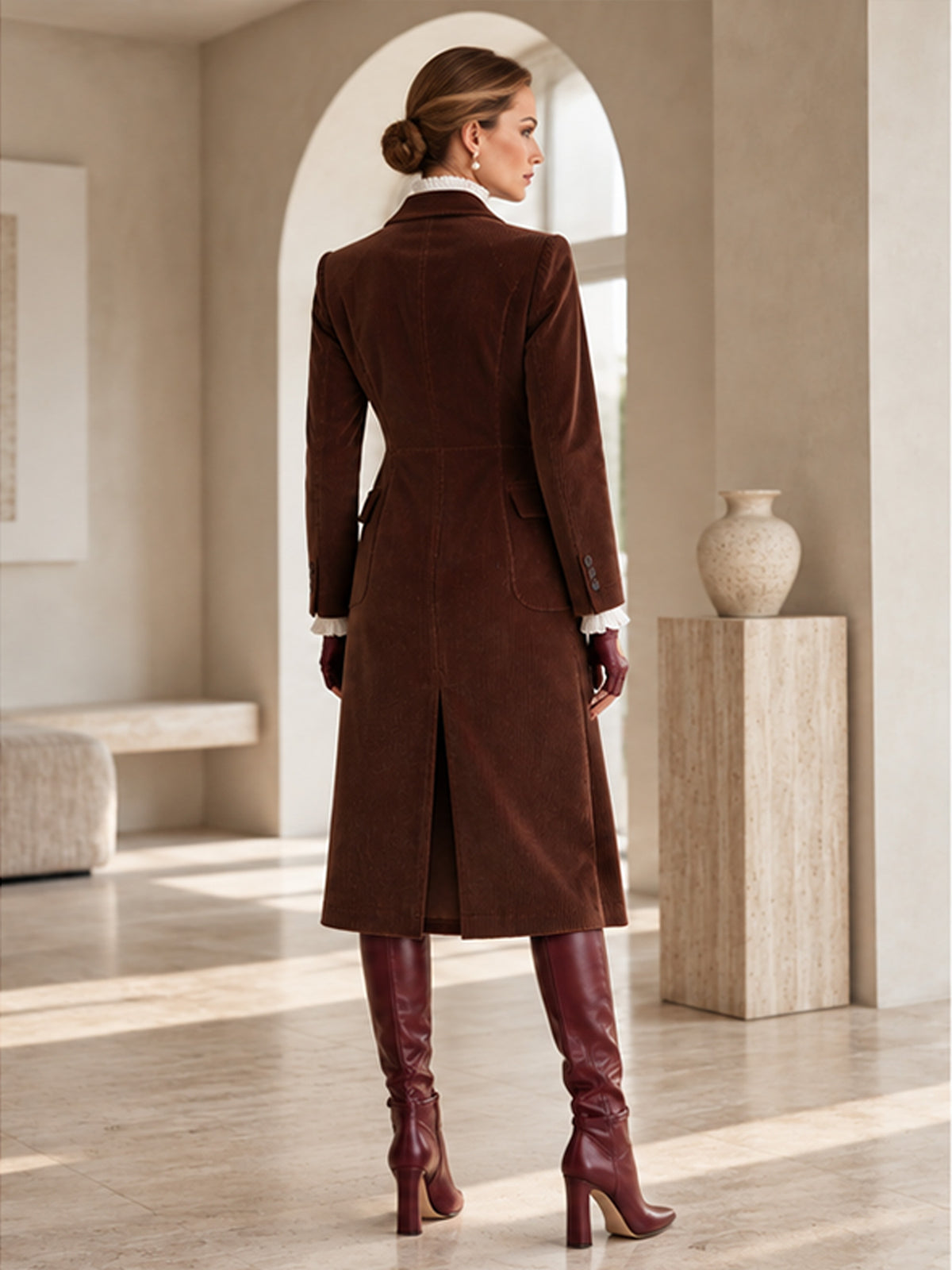 Brown Corduroy Notch Lapel Long Blazer & Front Slit Midi Skirt 2-Piece Suit