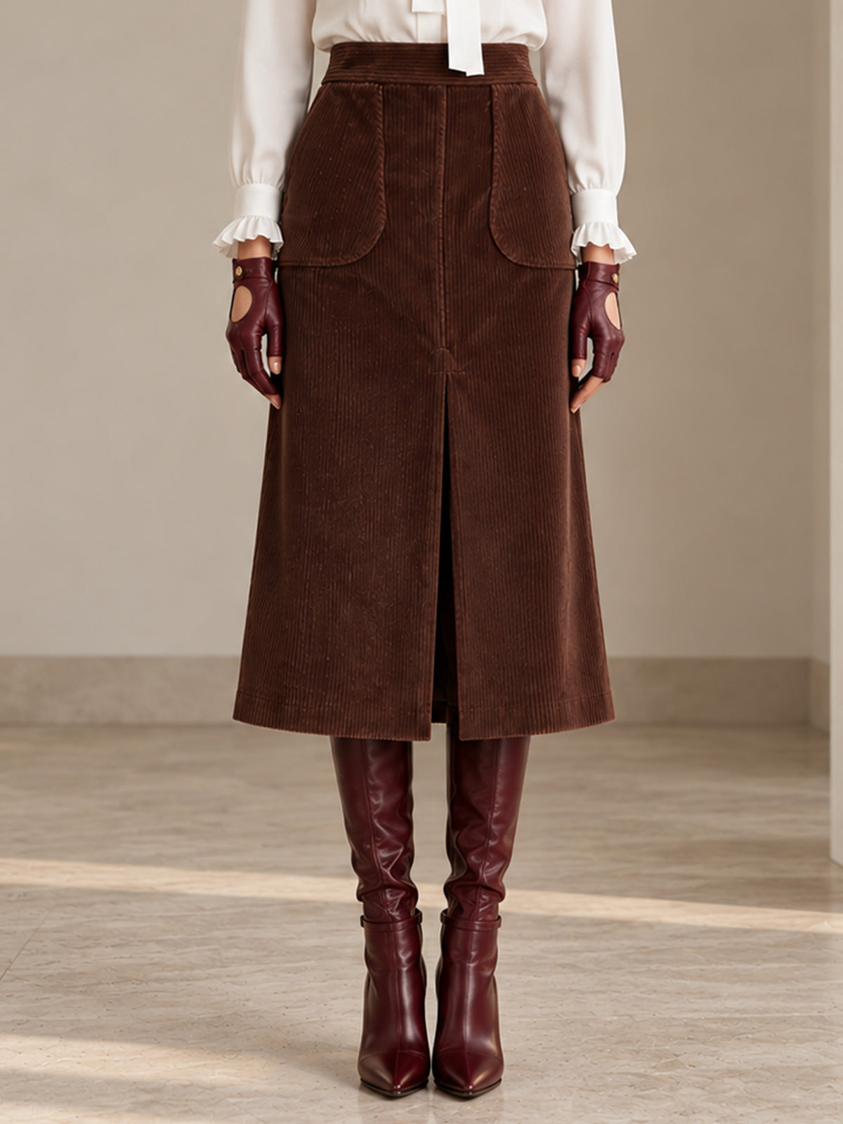 Brown Corduroy Notch Lapel Long Blazer & Front Slit Midi Skirt 2-Piece Suit