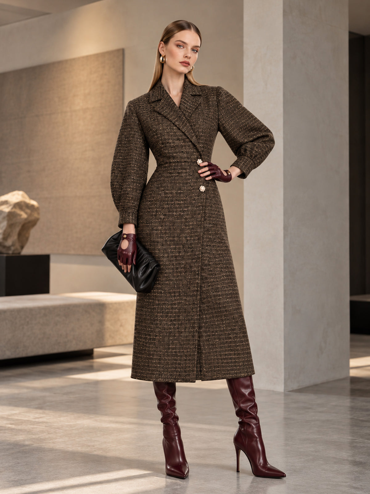 Brauner Tweed-Midimantel mit fallendem Revers, Puffärmeln und Perlmuttknöpfen