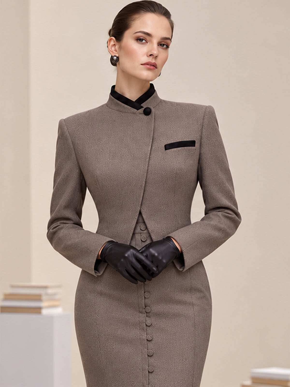 Tailleur 2 pièces taupe avec veste courte ajustée à col droit et jupe midi sirène fendue devant