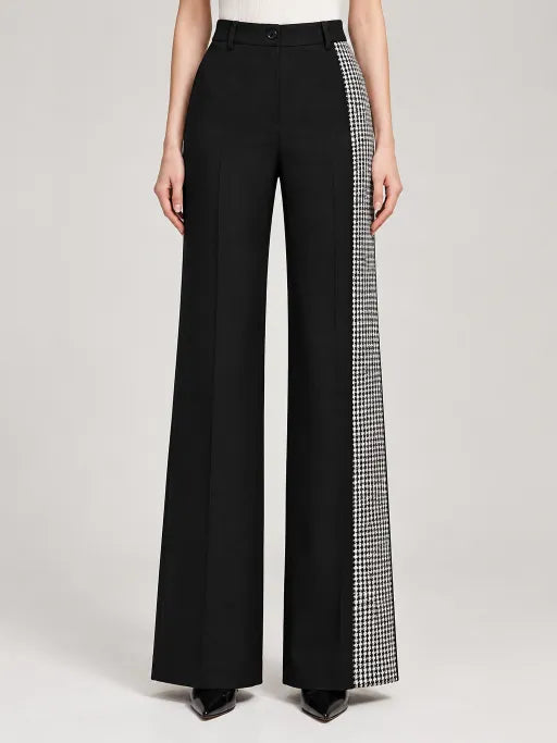 Black White Houndstooth Color Block Blazer & Wide Leg Pants 2-Piece Suit