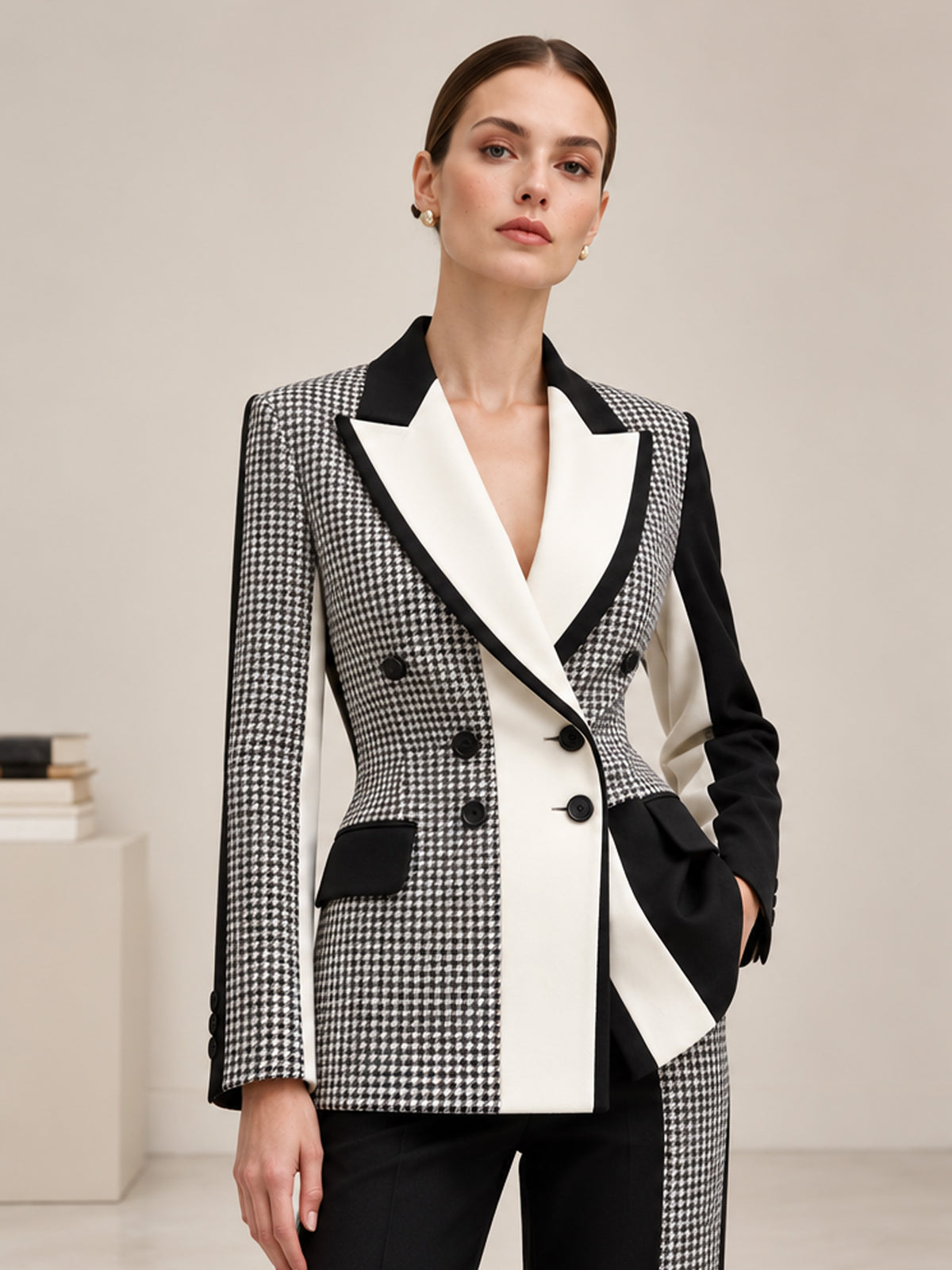 Black White Houndstooth Color Block Blazer & Wide Leg Pants 2-Piece Suit