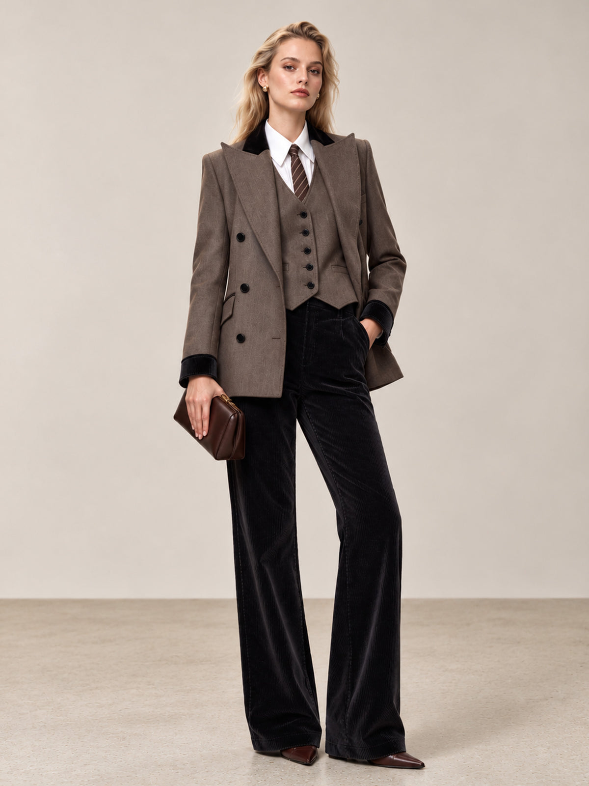 Tailleur 3 pièces avec gilet blazer marron et pantalon large noir en velours côtelé