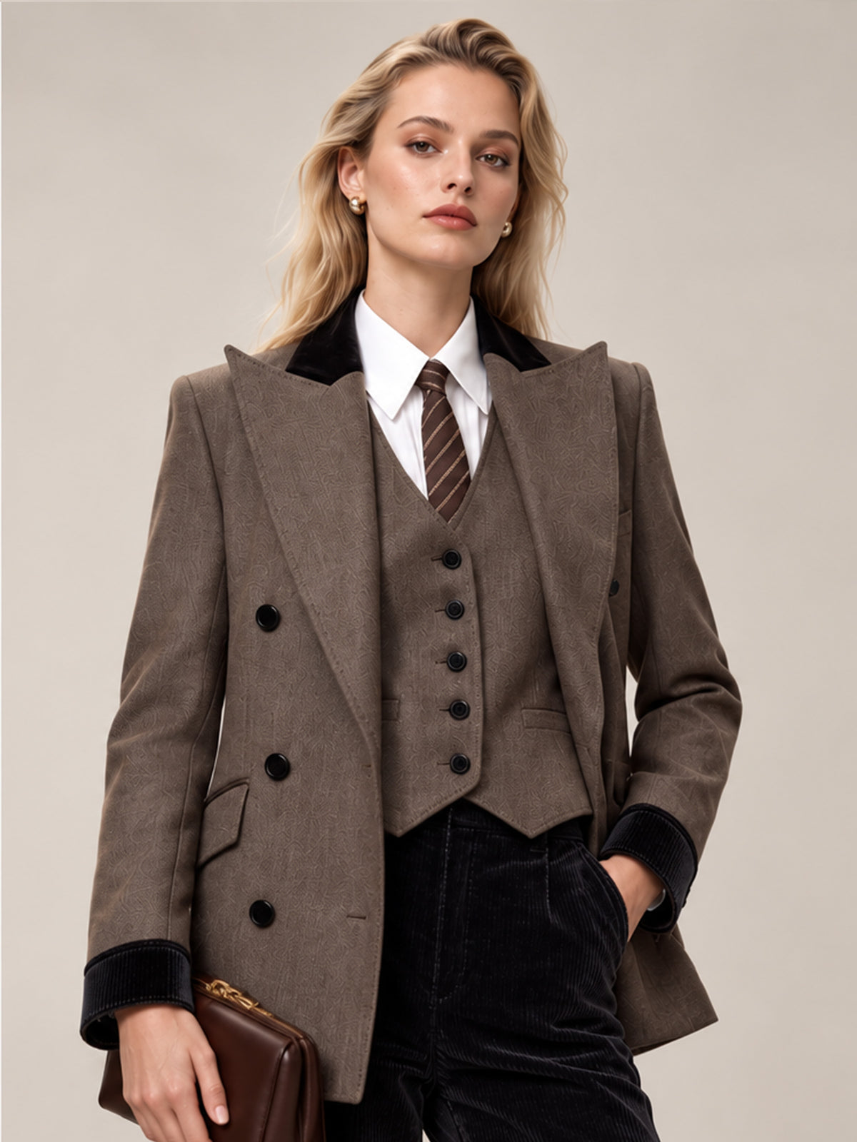 Tailleur 3 pièces avec gilet blazer marron et pantalon large noir en velours côtelé