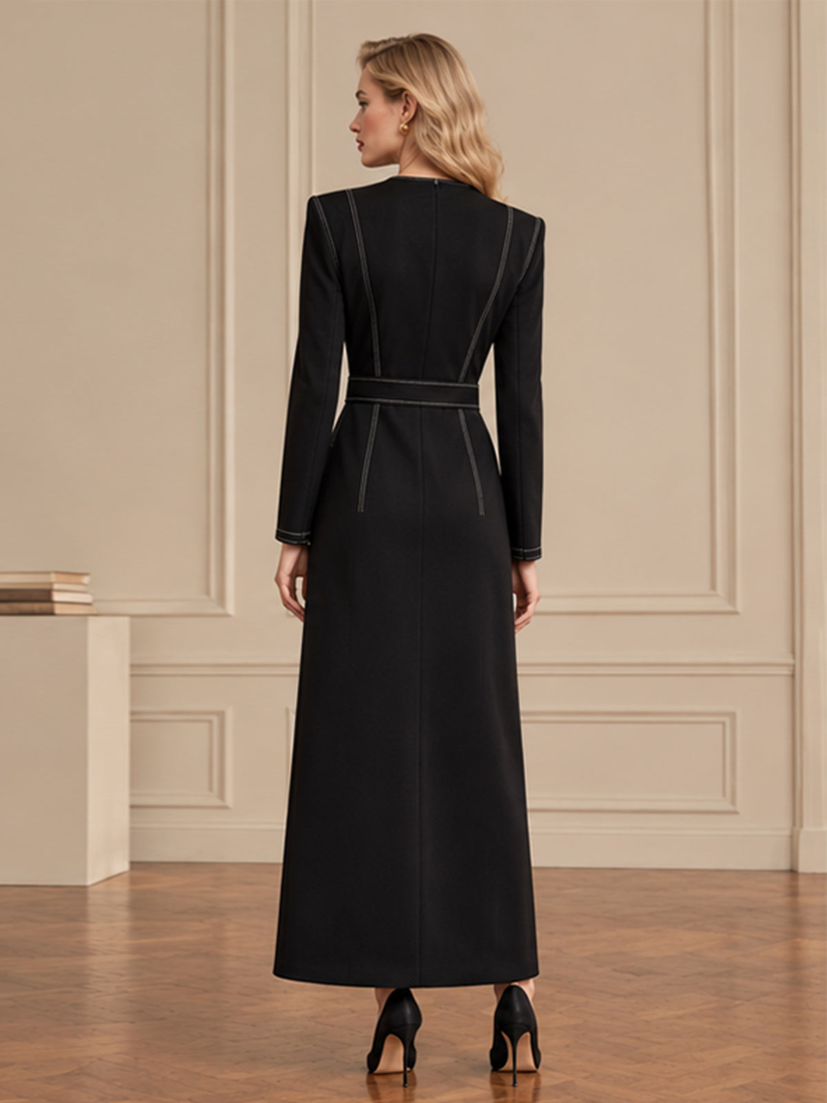 Black Contrast Stitch Belted Front Slit Maxi Dress