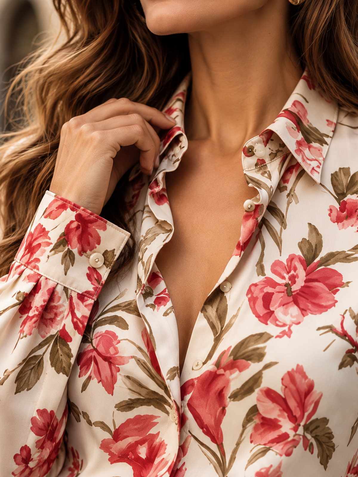 Vintage shirt met rode bloemenprint