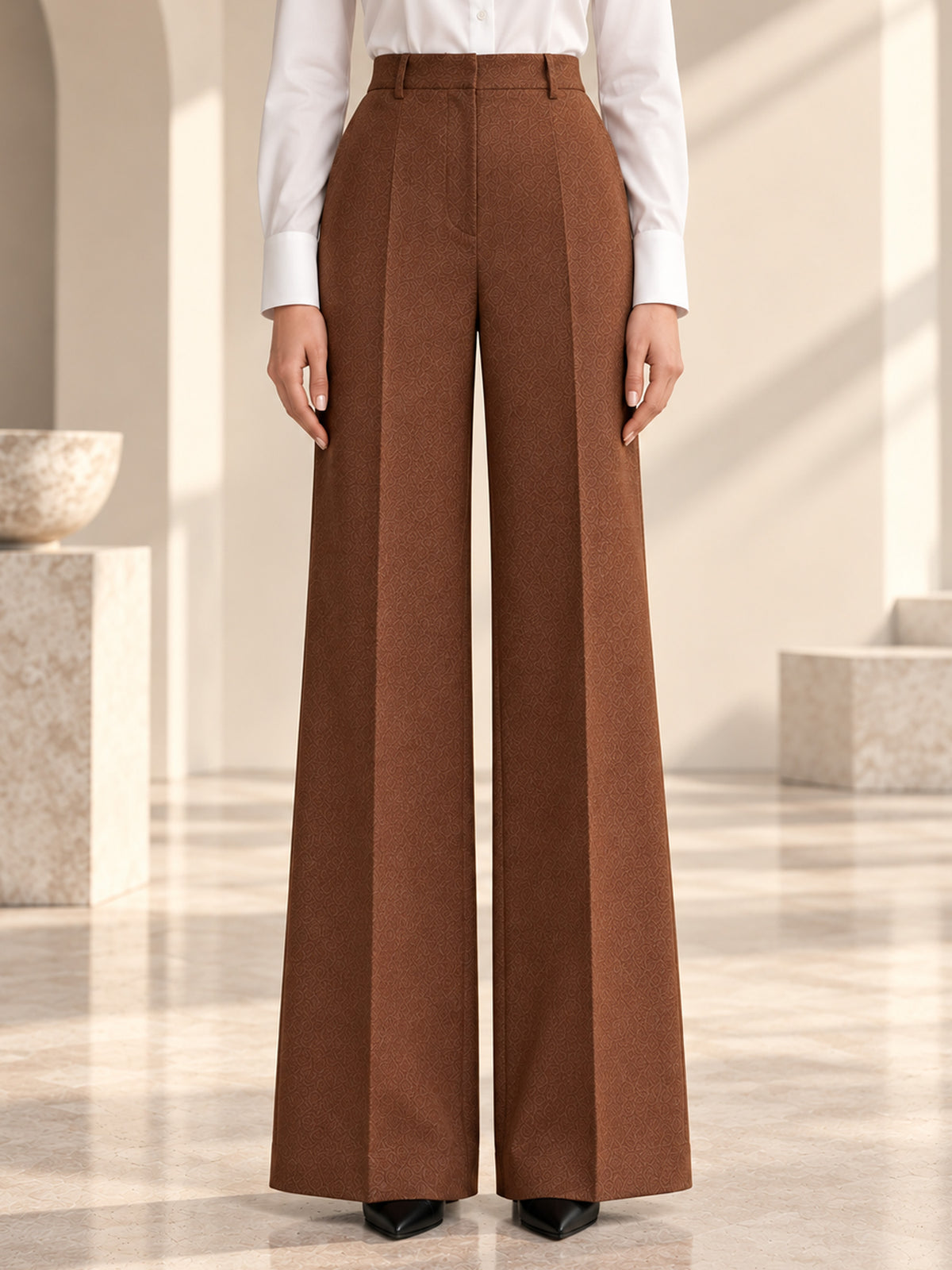 Brown Peplum Belted Blazer & Wide Leg Pants 2-Piece Suit