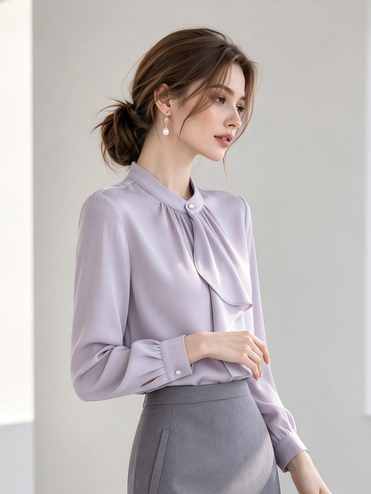 Lavender Stand Collar Ruffle Tie Business Shirt