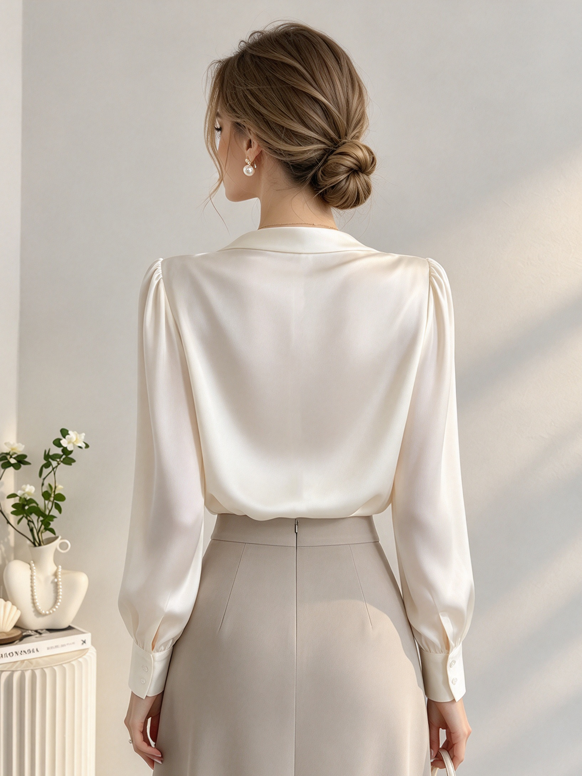 Camicia elegante color crema con scollo drappeggiato e effetto portafoglio