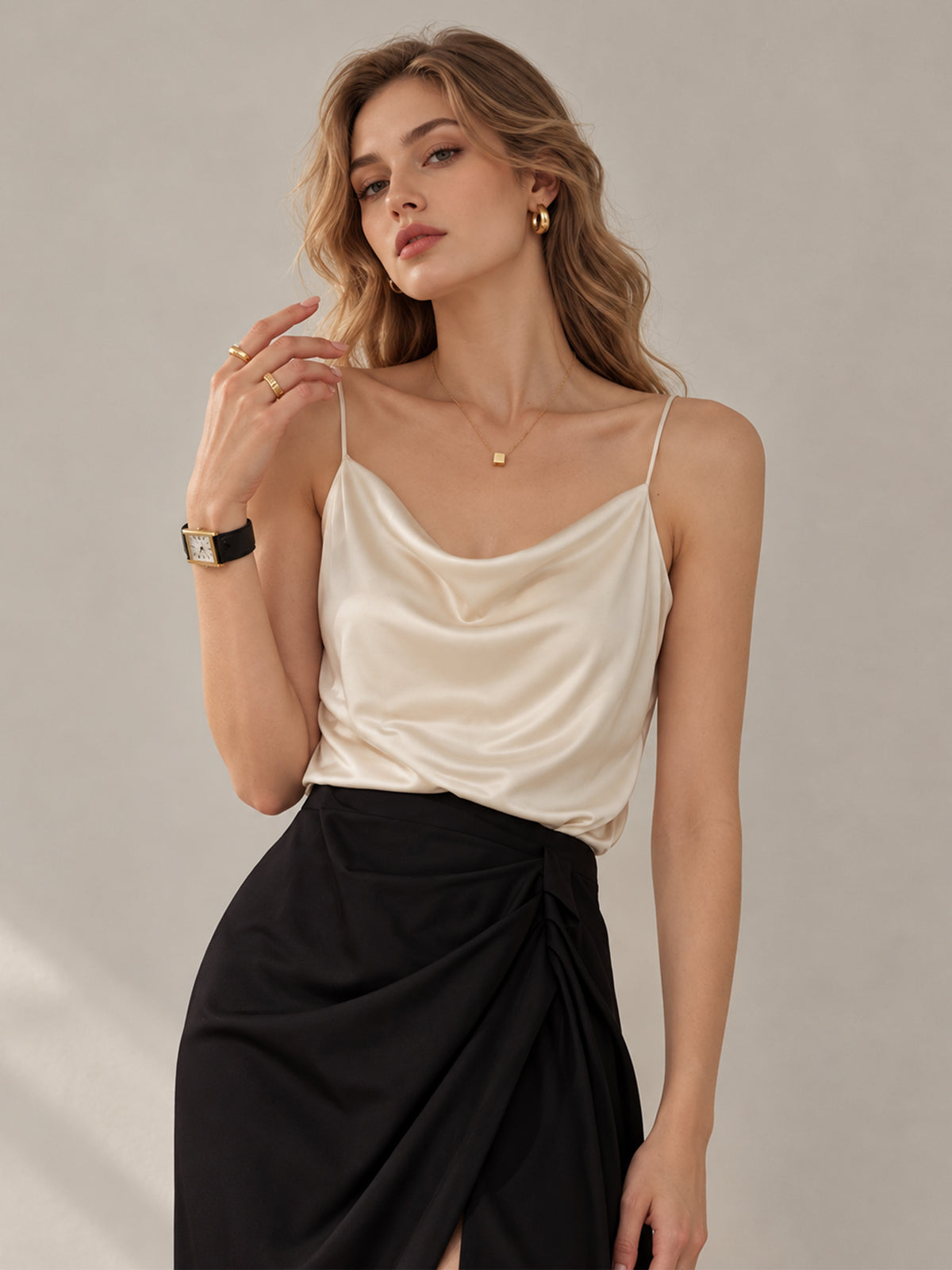 Solid Color Cowl Neck Acetate Satin Camisole