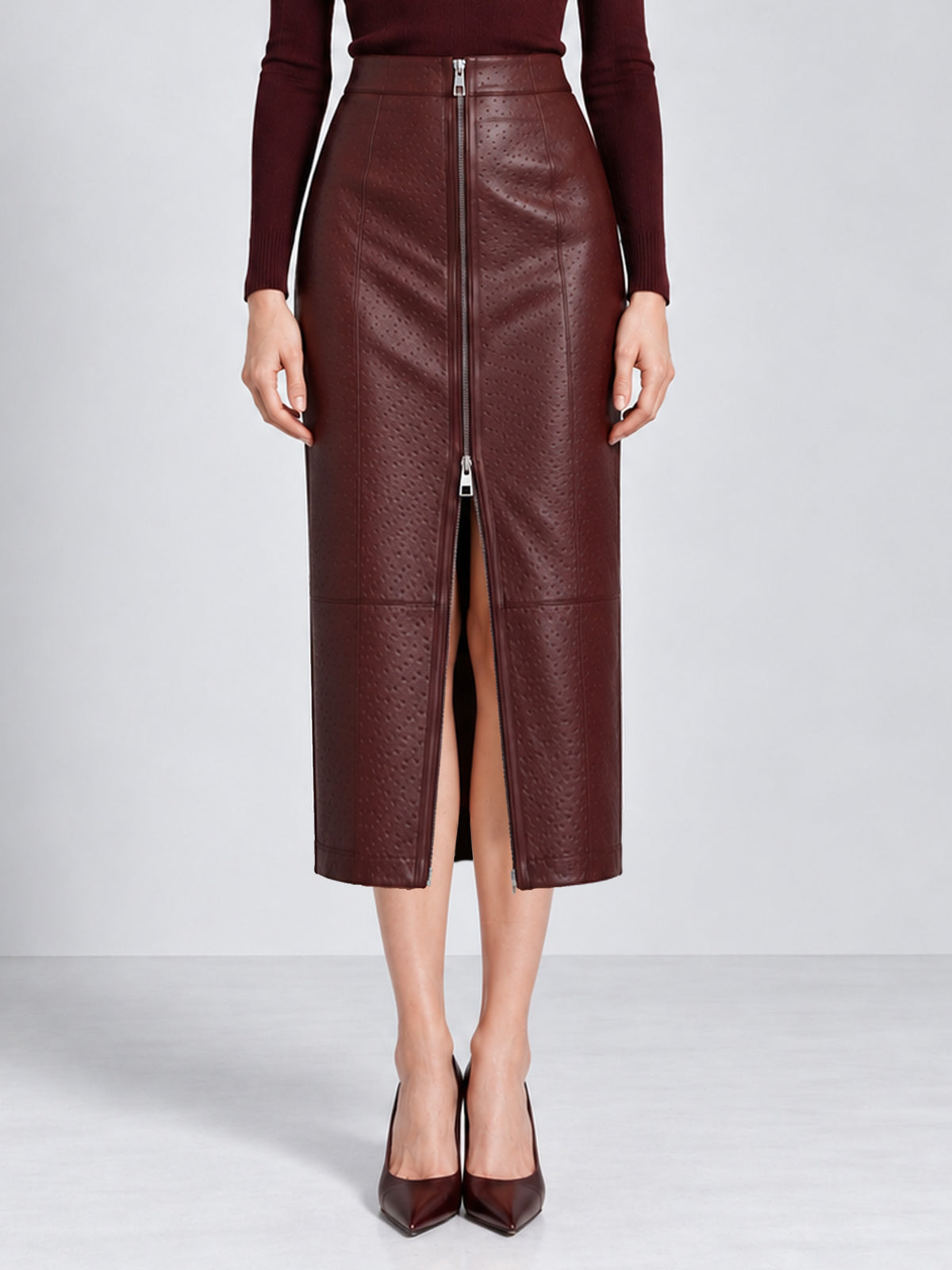 Houndstooth Faux Leather Trim Blazer & Burgundy Faux Leather Midi Skirt 2-Piece Suit