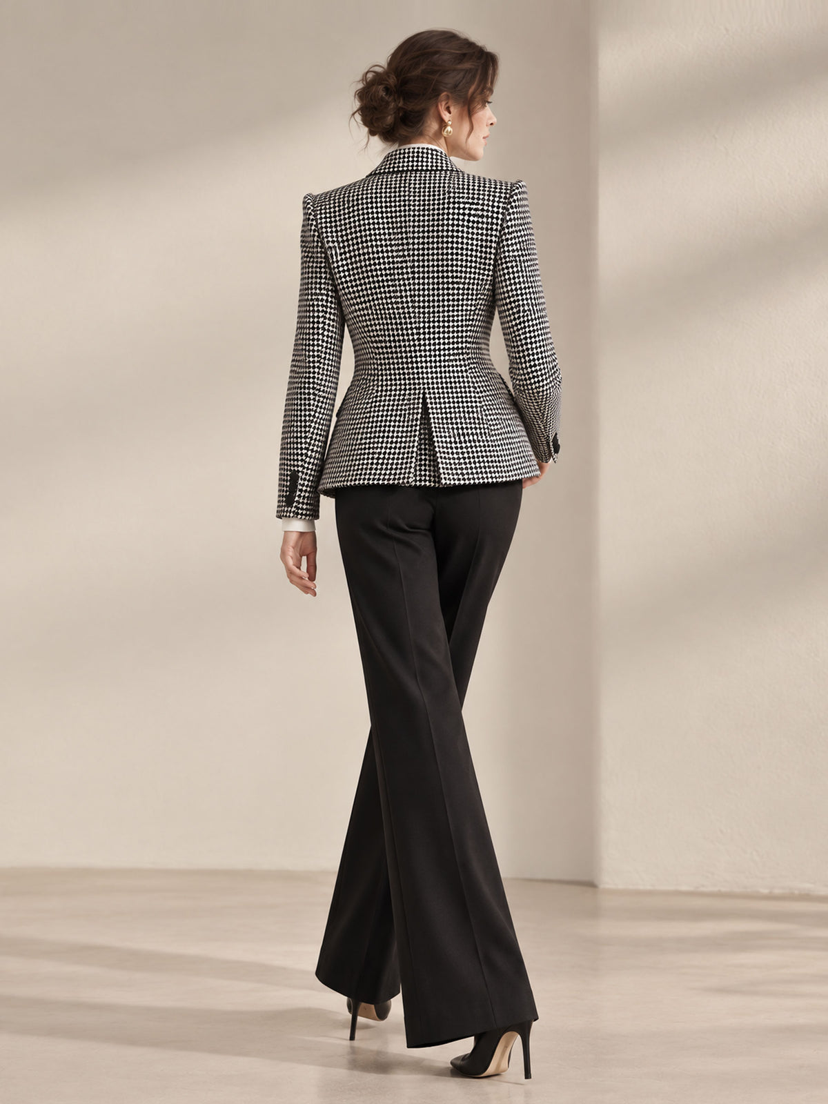Houndstooth Double Breasted Blazer & Black Wide Leg Pants 2-Piece Suit