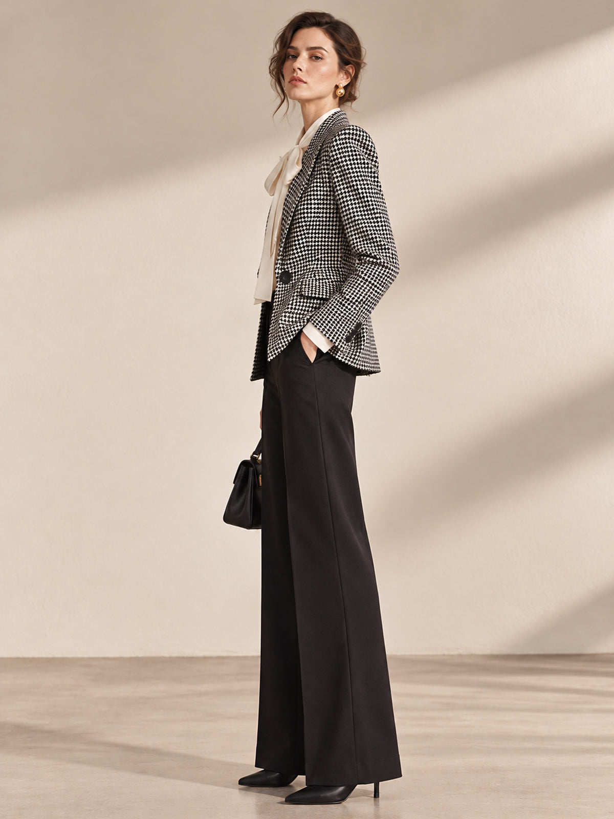 Houndstooth Double Breasted Blazer & Black Wide Leg Pants 2-Piece Suit