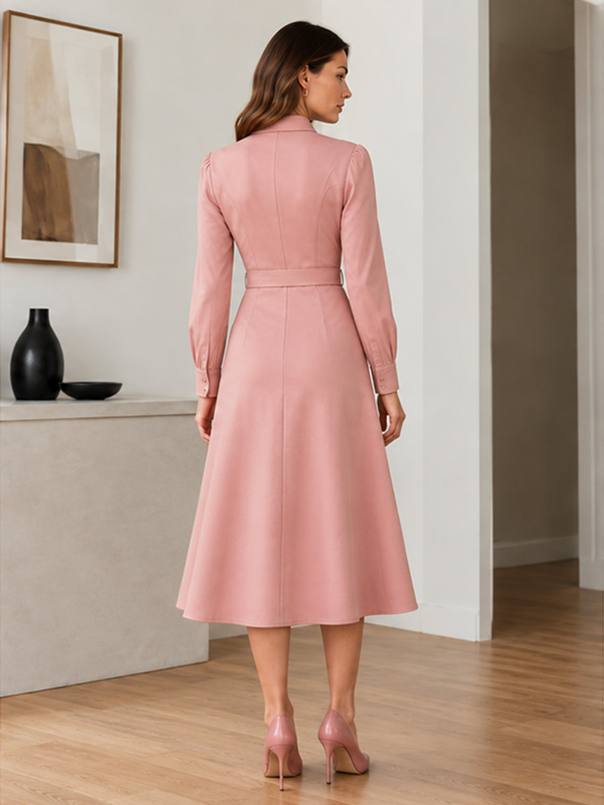 Dusty Pink Collared Long Sleeve Belted Patch Pocket A-Line Midi Shirt Dress