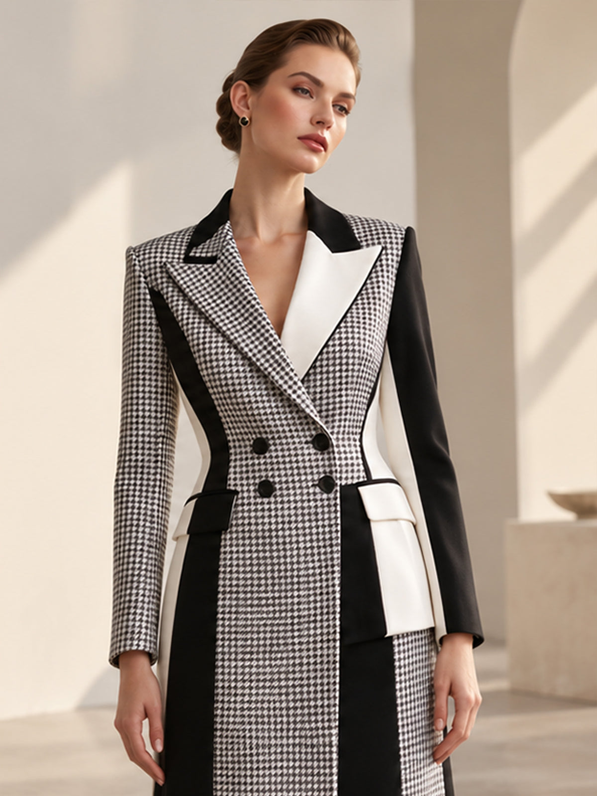 Black White Houndstooth Color Block Peak Lapel Double Breasted Long Blazer Coat