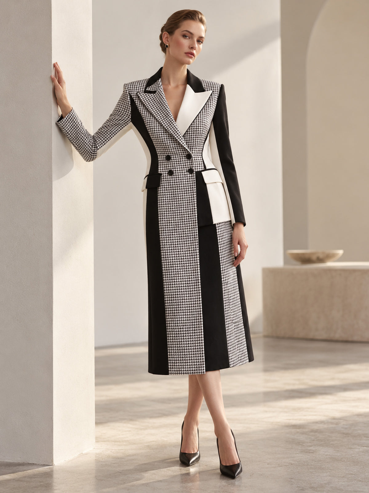 Black White Houndstooth Color Block Peak Lapel Double Breasted Long Blazer Coat