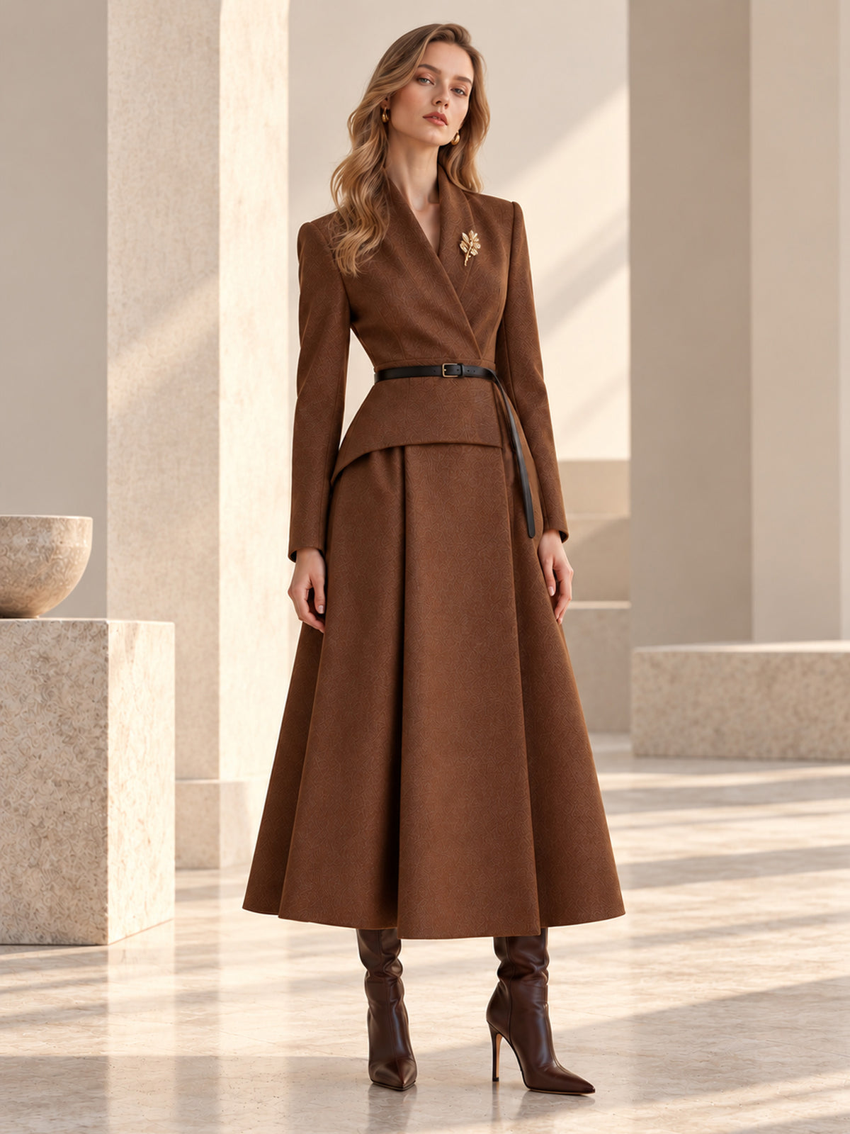 Brown Textured Shawl Lapel Wrap Peplum Long Coat