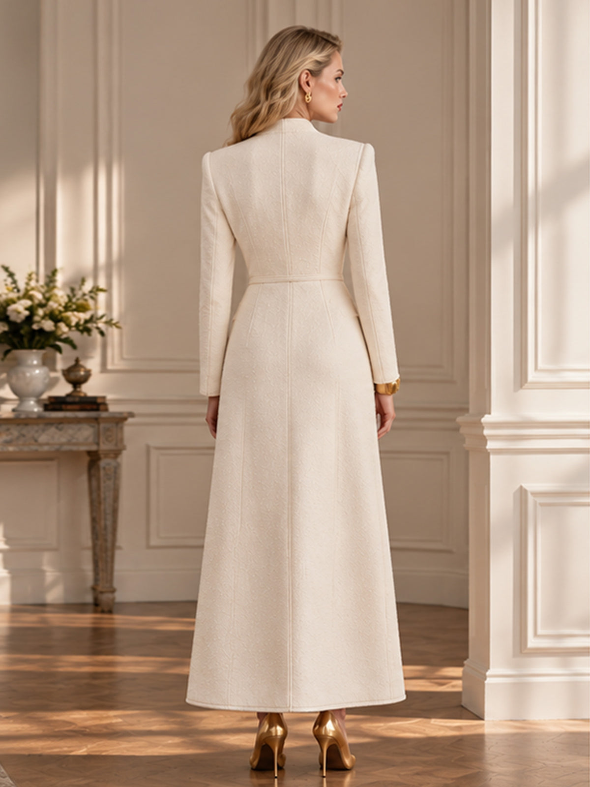 Cream Textured V-Neck Gold Floral Buckle Belted Front Slit Long Coat