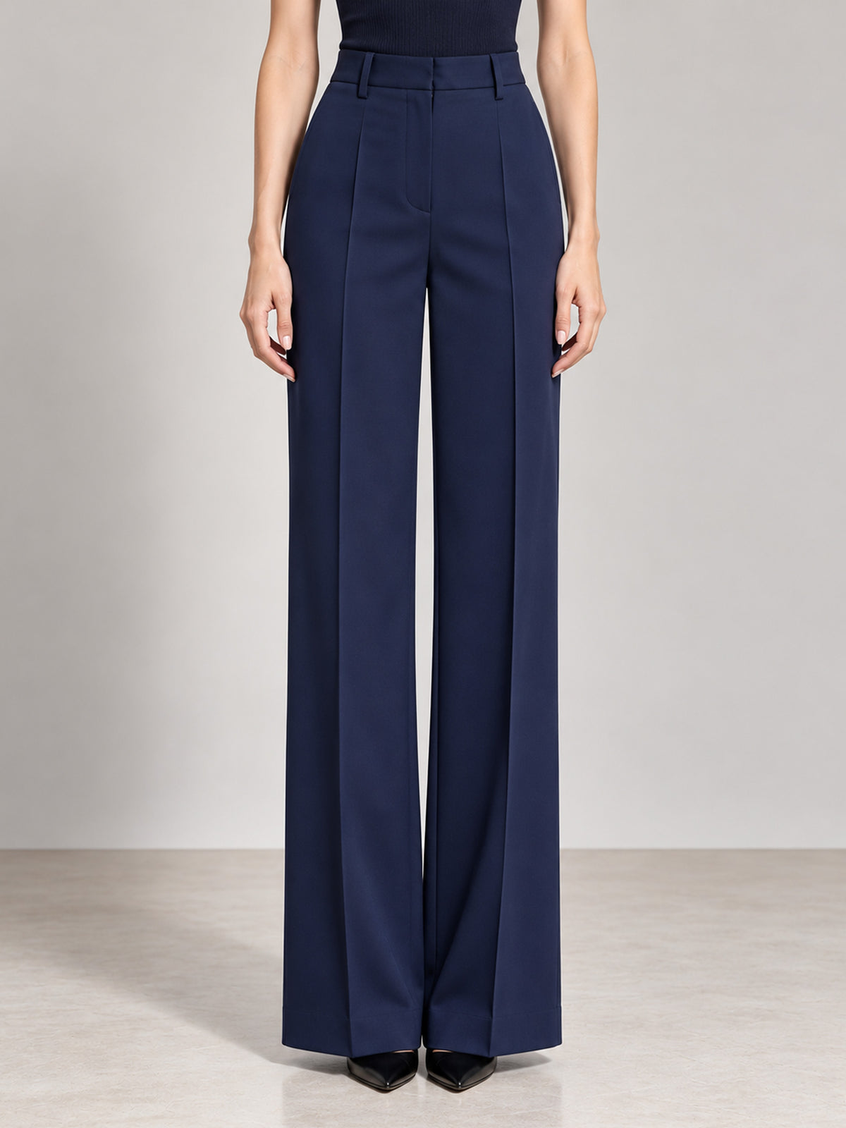 Navy Peak Lapel Belted Blazer & Wide Leg Pants 2-Piece Suit