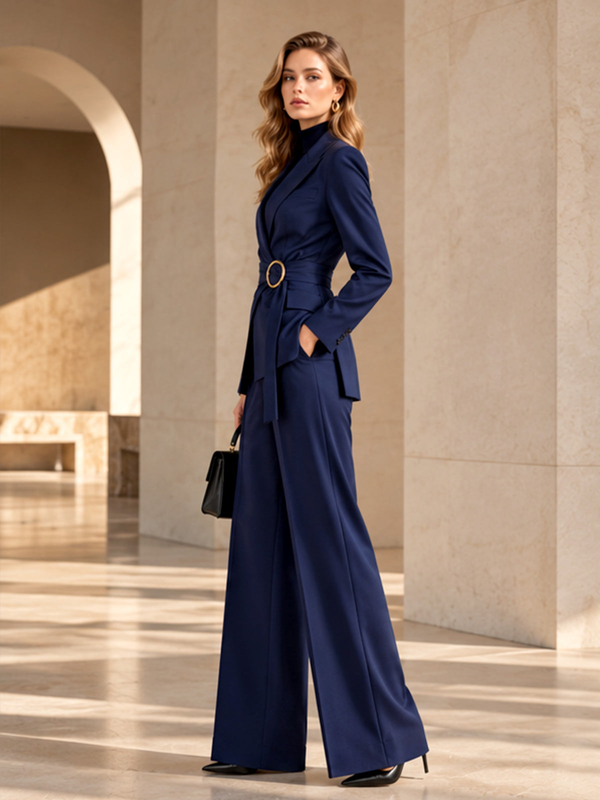 Navy Peak Lapel Belted Blazer & Wide Leg Pants 2-Piece Suit