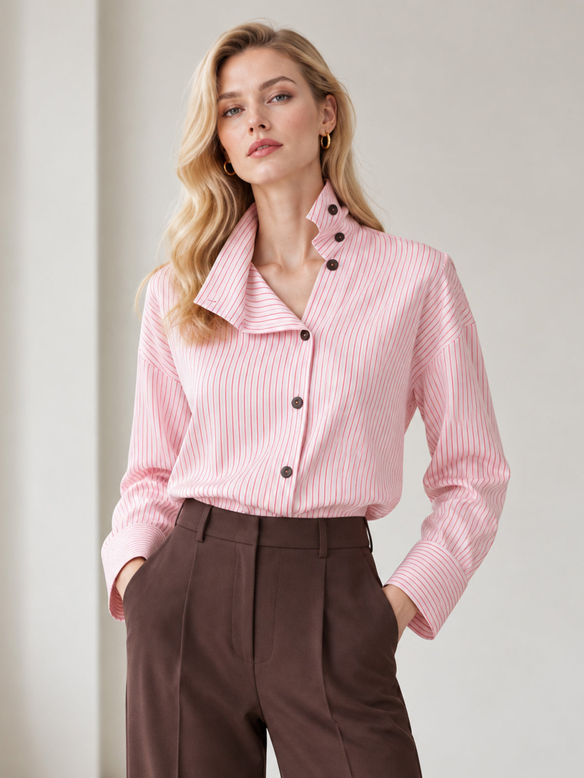 Pink White Stripe Asymmetrical Stand Collar Long Sleeve Button Down Shirt