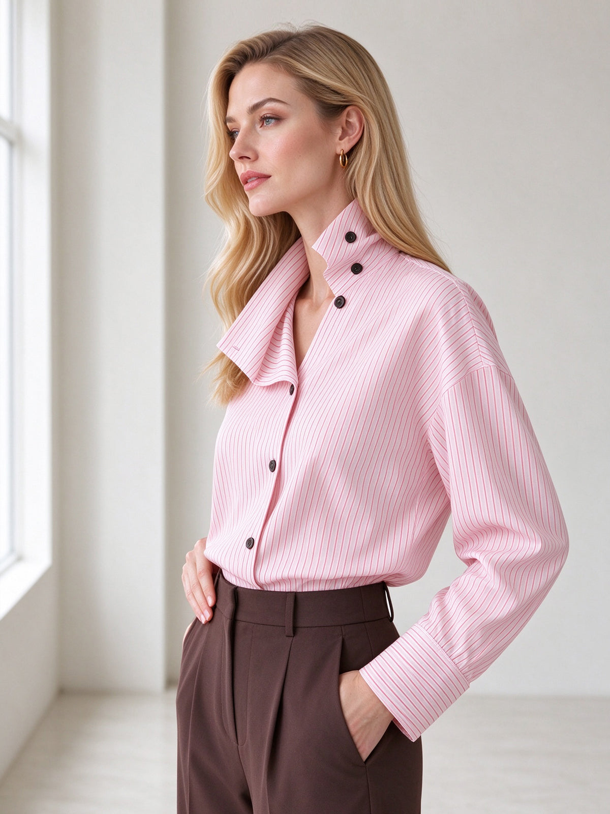 Pink White Stripe Asymmetrical Stand Collar Long Sleeve Button Down Shirt