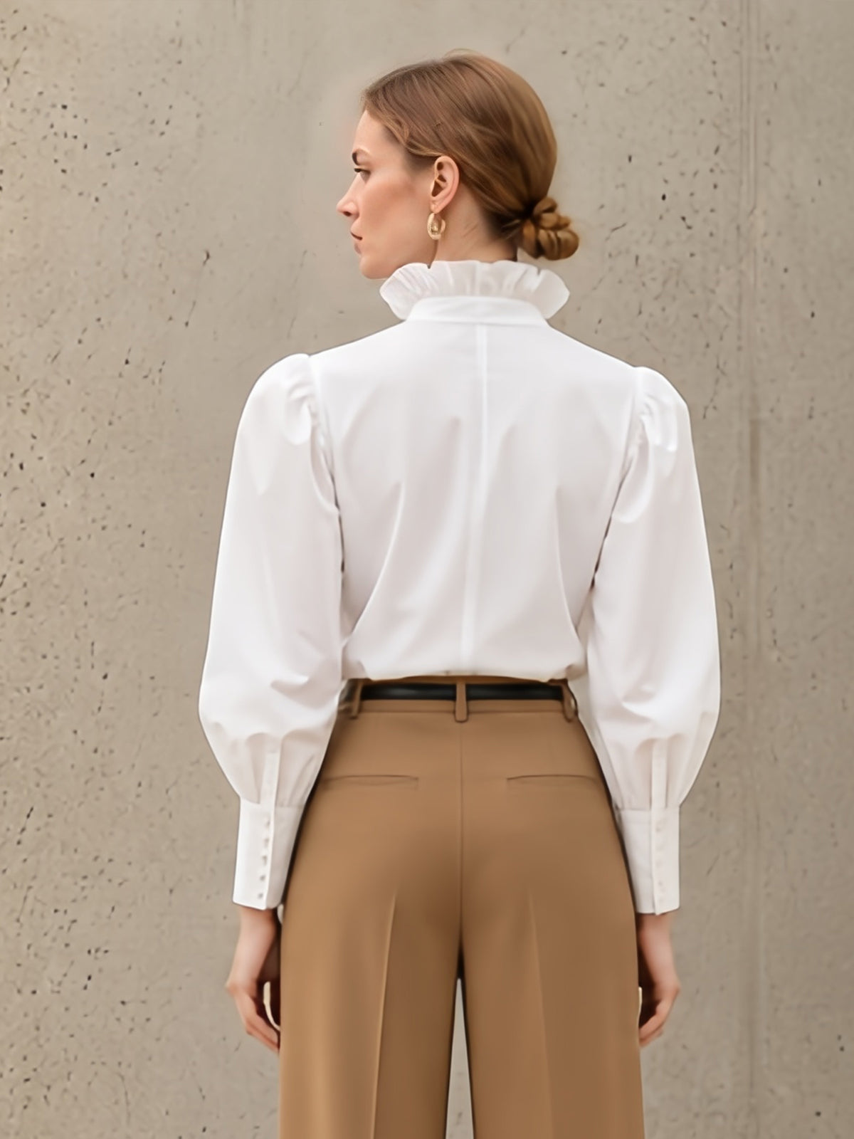 White Ruffle V-Neck Puff Long Sleeve Button Down Shirt