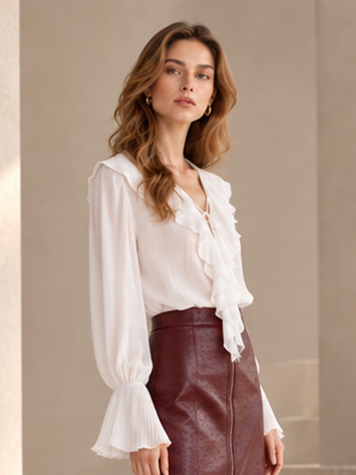 White Sheer Ruffle V-Neck Tie Front Flare Long Sleeve Blouse
