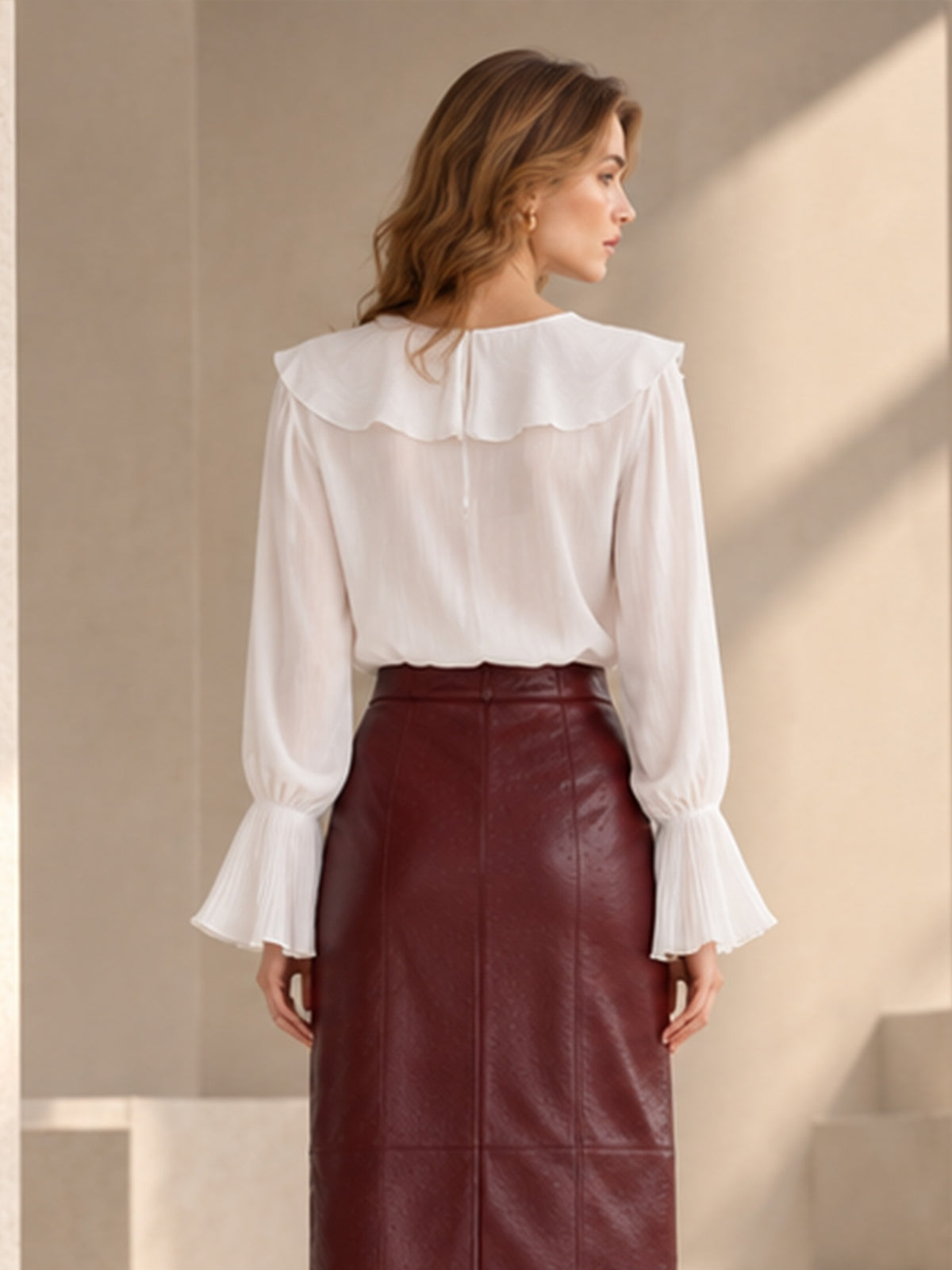 White Sheer Ruffle V-Neck Tie Front Flare Long Sleeve Blouse