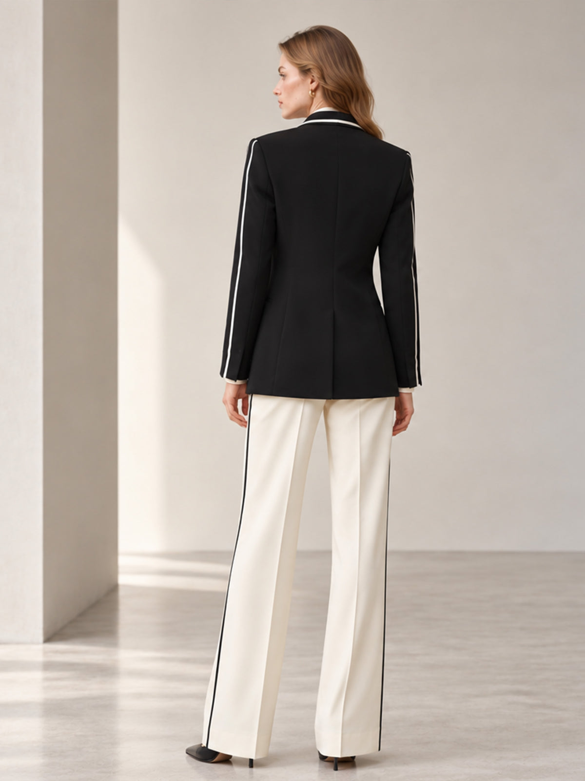 Black White Piping Shawl Lapel Blazer & Off White Side Stripe Wide Leg Pants 2-Piece Suit