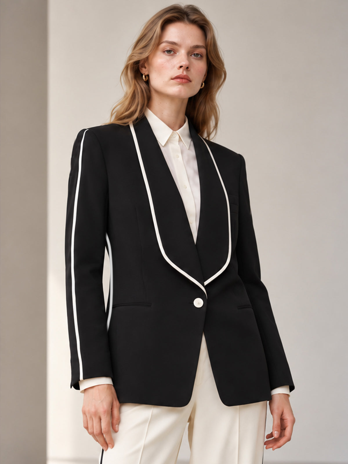 Black White Piping Shawl Lapel Blazer & Off White Side Stripe Wide Leg Pants 2-Piece Suit