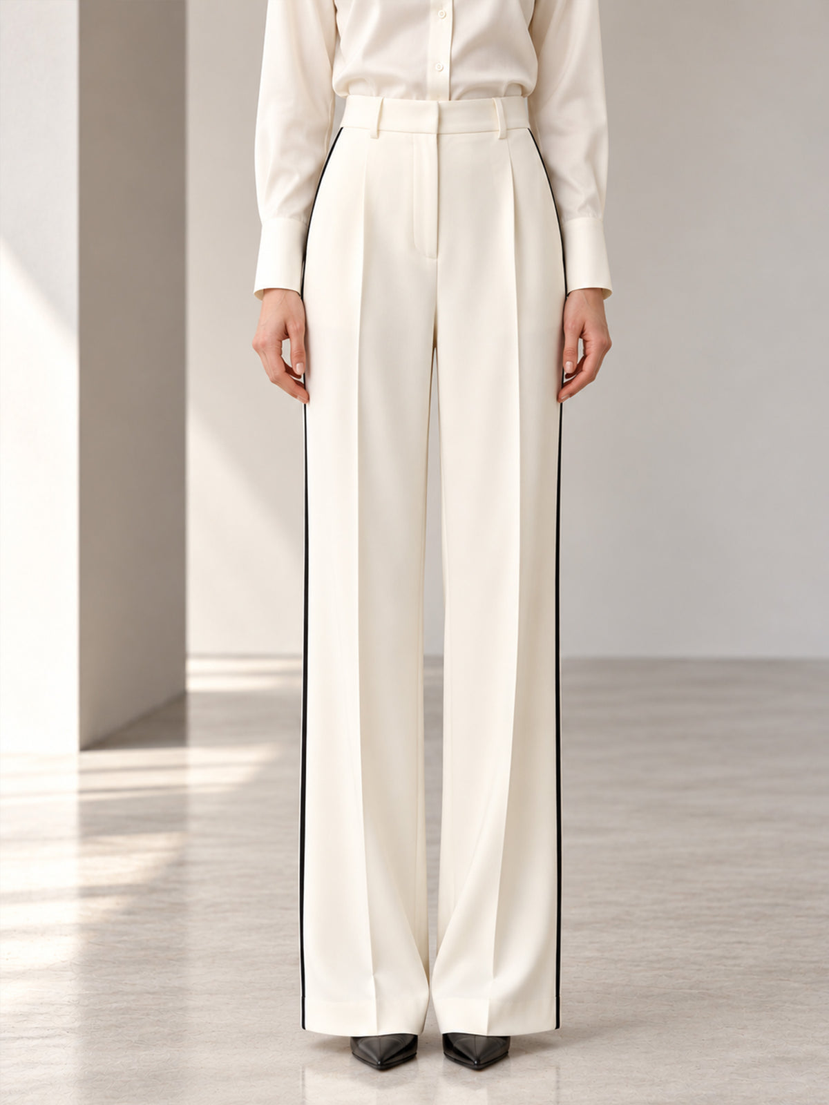 Black White Piping Shawl Lapel Blazer & Off White Side Stripe Wide Leg Pants 2-Piece Suit