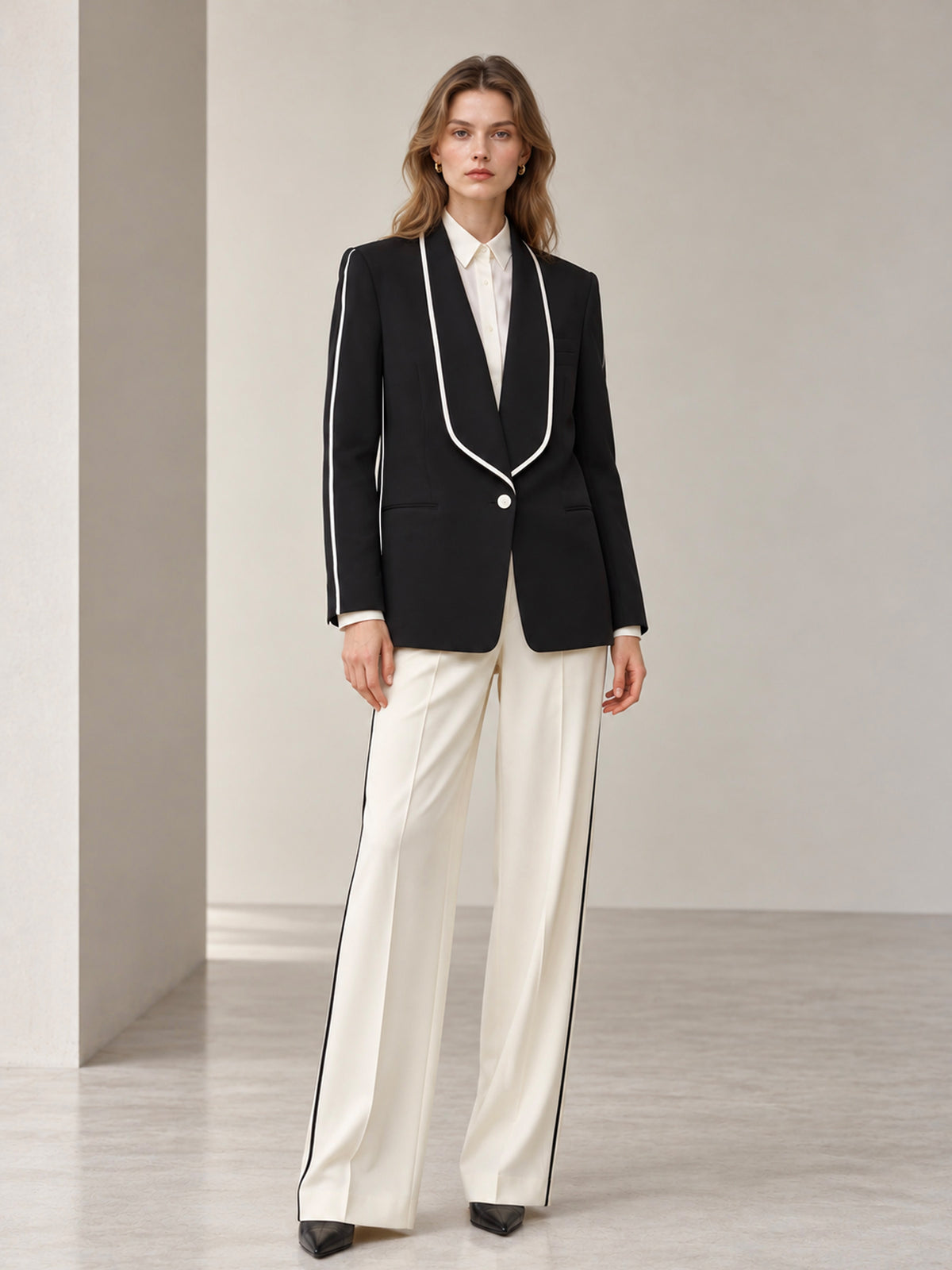 Black White Piping Shawl Lapel Blazer & Off White Side Stripe Wide Leg Pants 2-Piece Suit