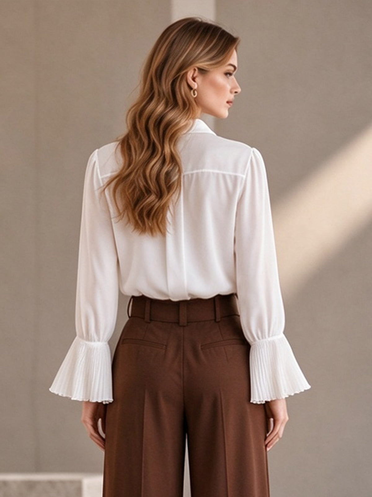 White Collared Button Down Shirt with Pleated Flare Long Sleeves