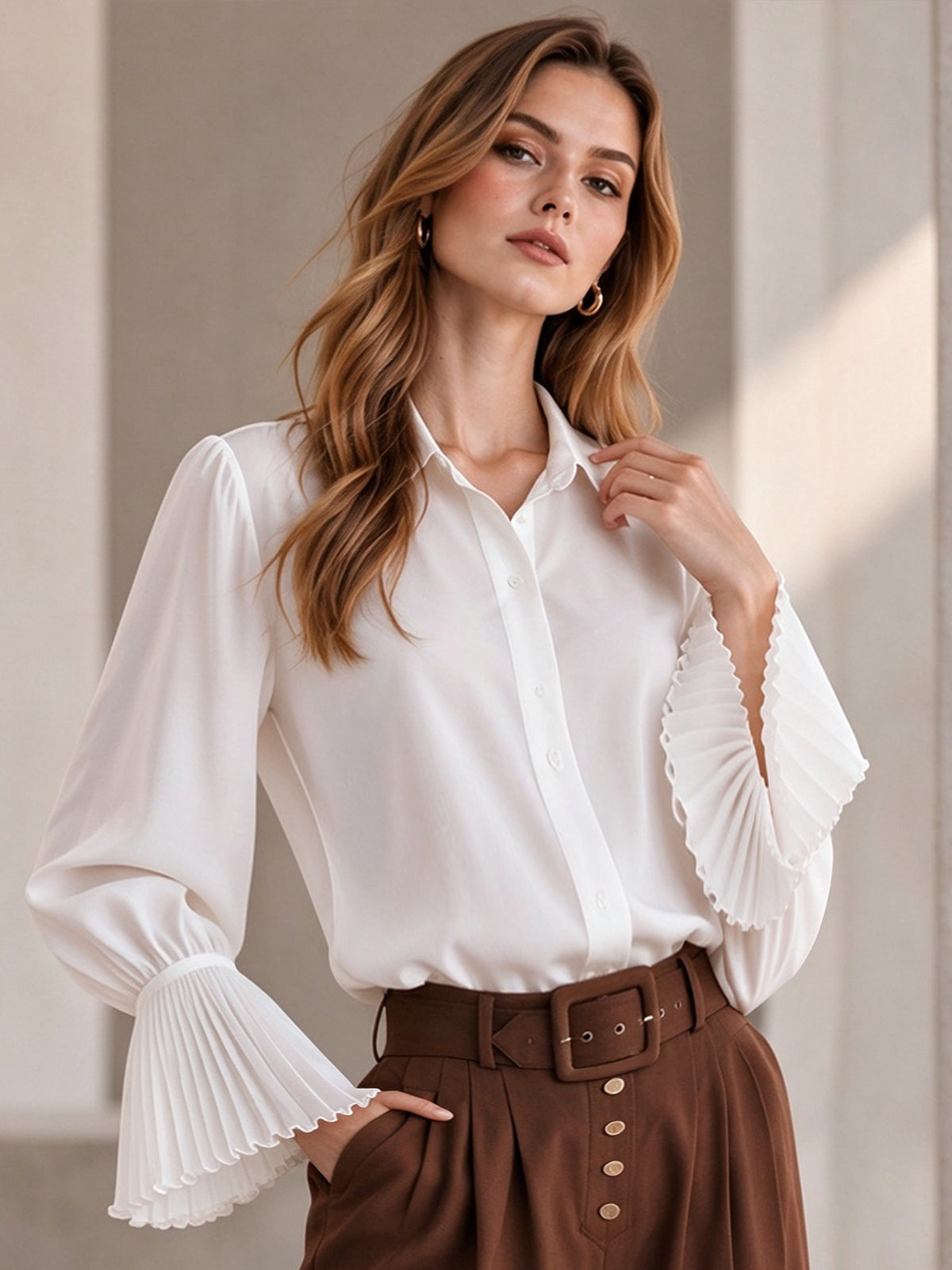 White Collared Button Down Shirt with Pleated Flare Long Sleeves
