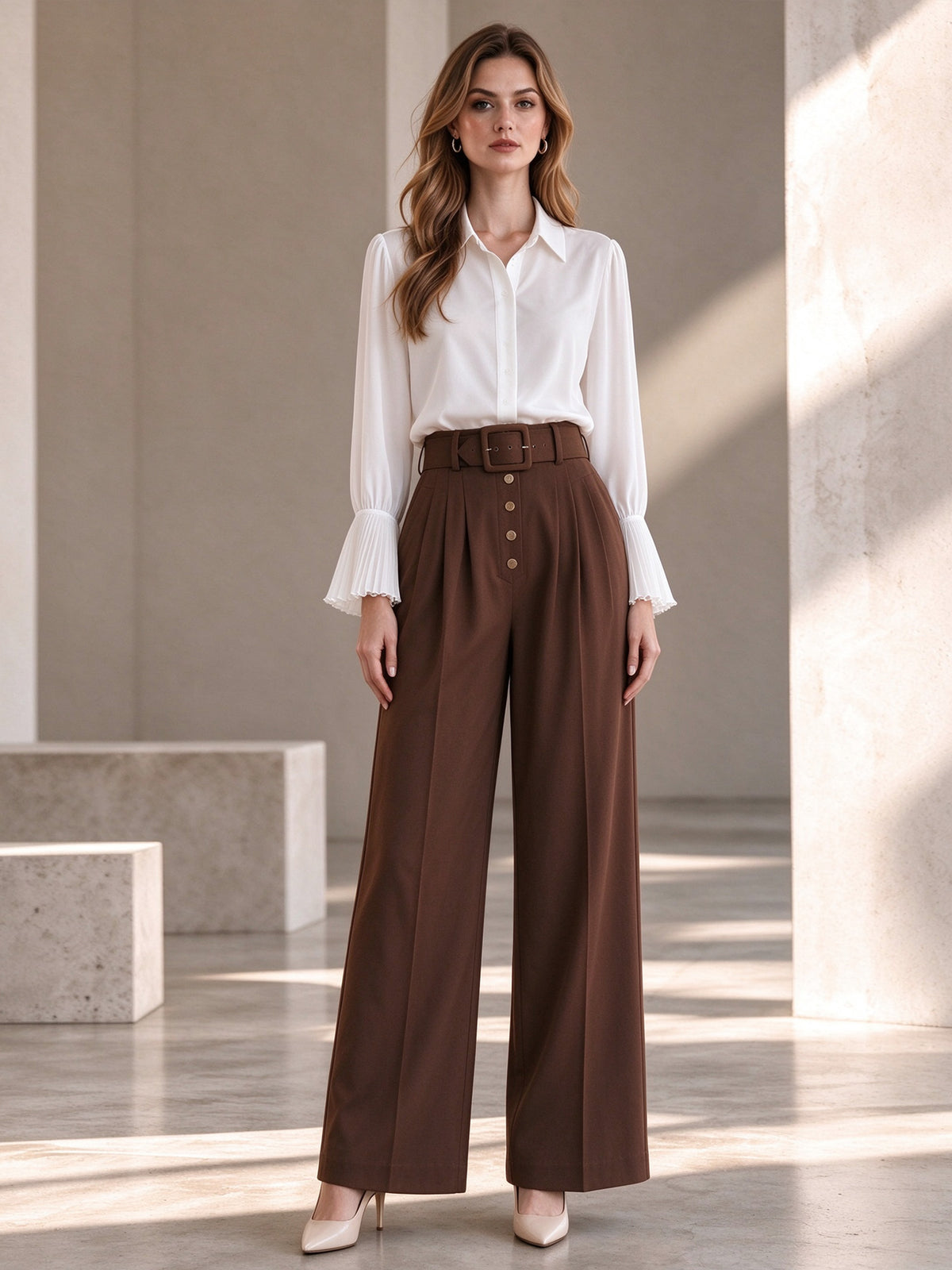 White Collared Button Down Shirt with Pleated Flare Long Sleeves
