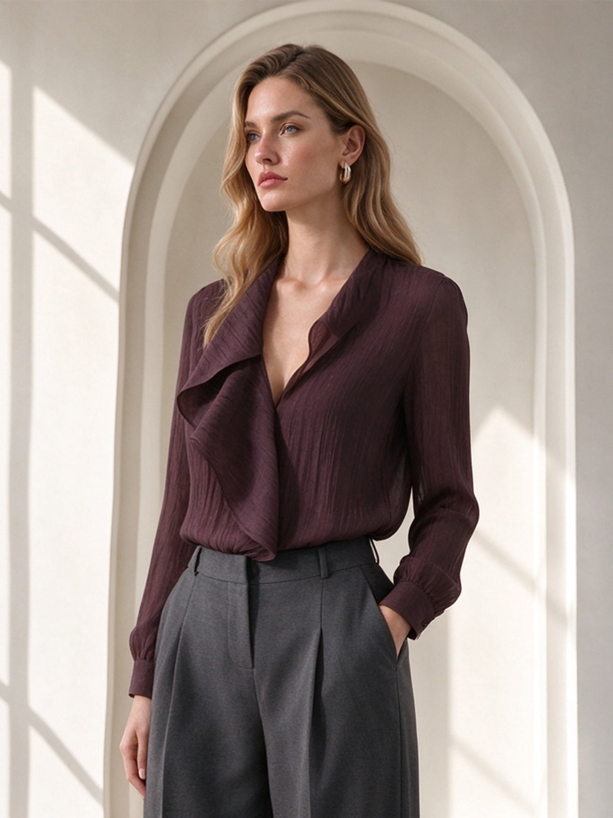 Burgundy Ruffle V-Neck Long Sleeve Blouse