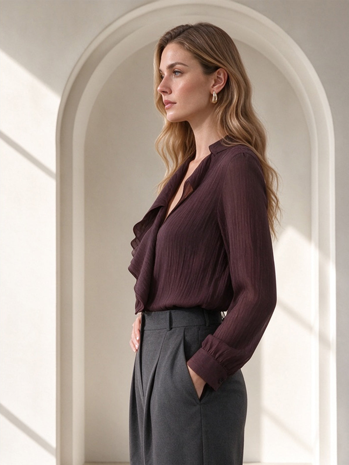 Burgundy Ruffle V-Neck Long Sleeve Blouse