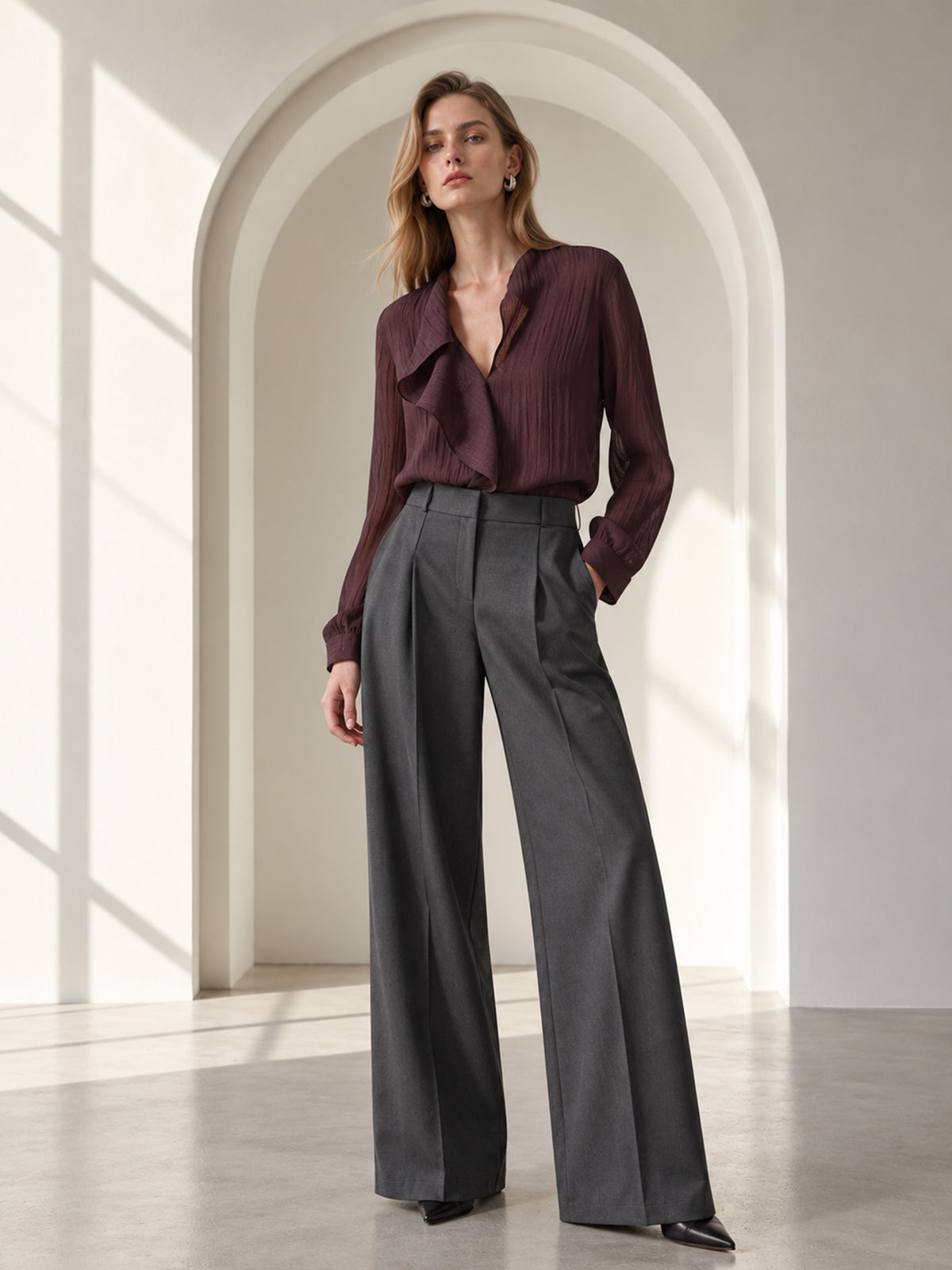 Burgundy Ruffle V-Neck Long Sleeve Blouse