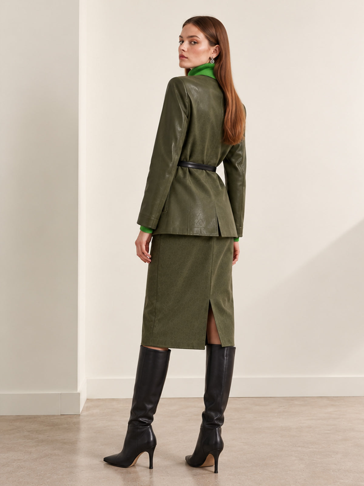Olive Green Faux Leather Belted Blazer & Midi Skirt 2-Piece Suit