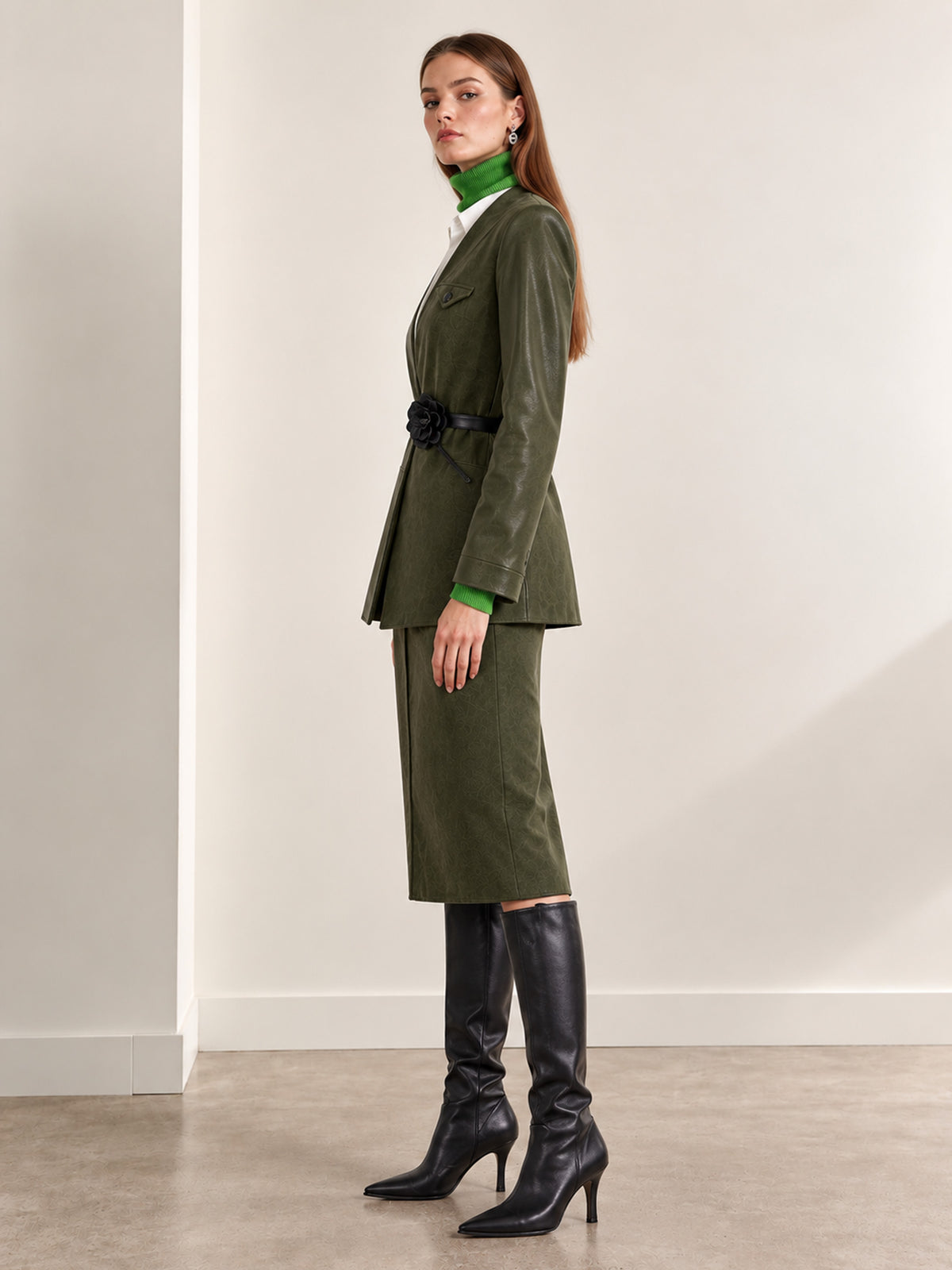 Olive Green Faux Leather Belted Blazer & Midi Skirt 2-Piece Suit